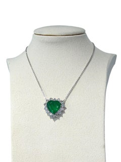 Heart Shape Emerald Pendant Necklace 6.53ct Zambian Emerald 2.24ct Diamond Halo