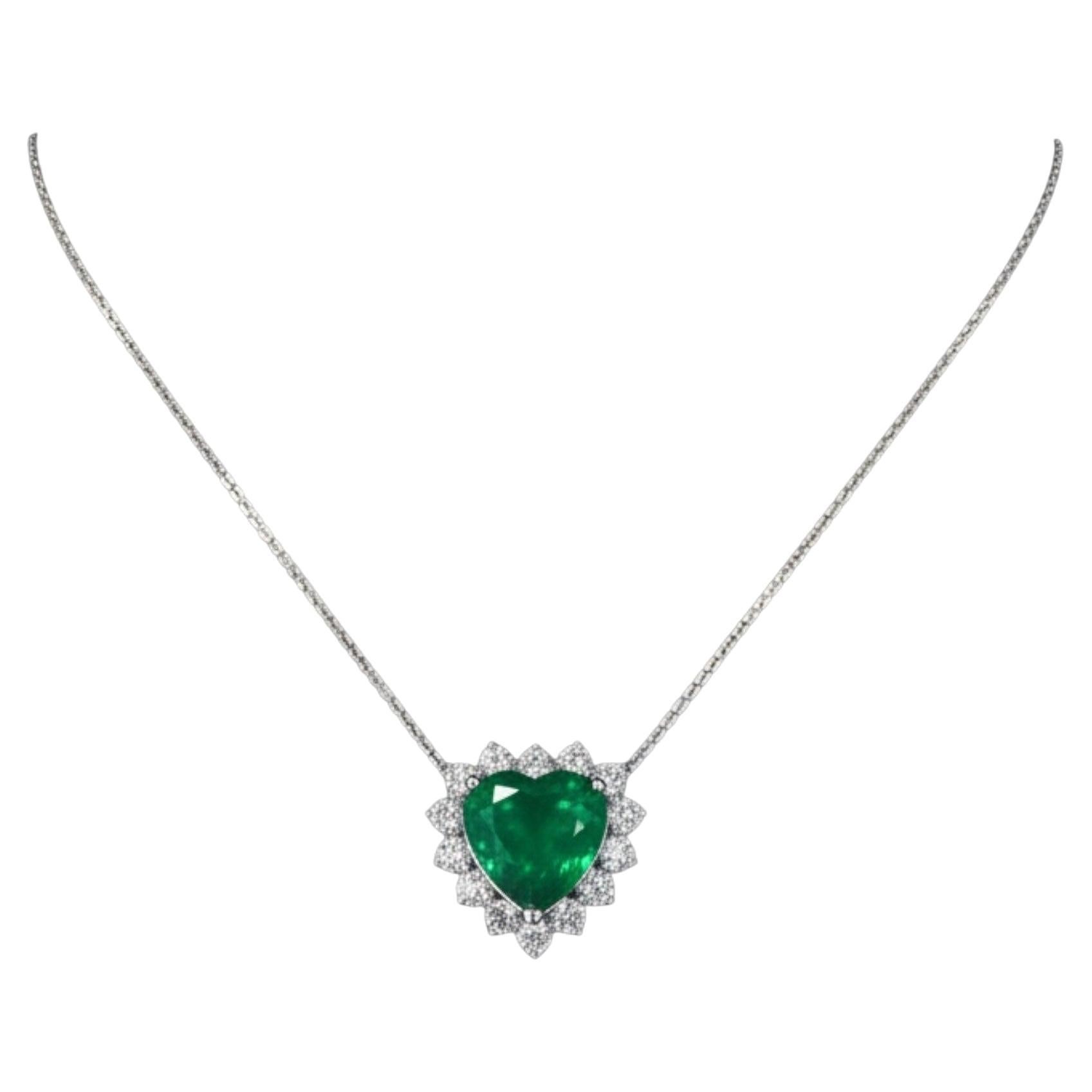 6.53ct Emerald Heart Pendant, 18K White Gold with 2.24ct Diamond Halo Necklace