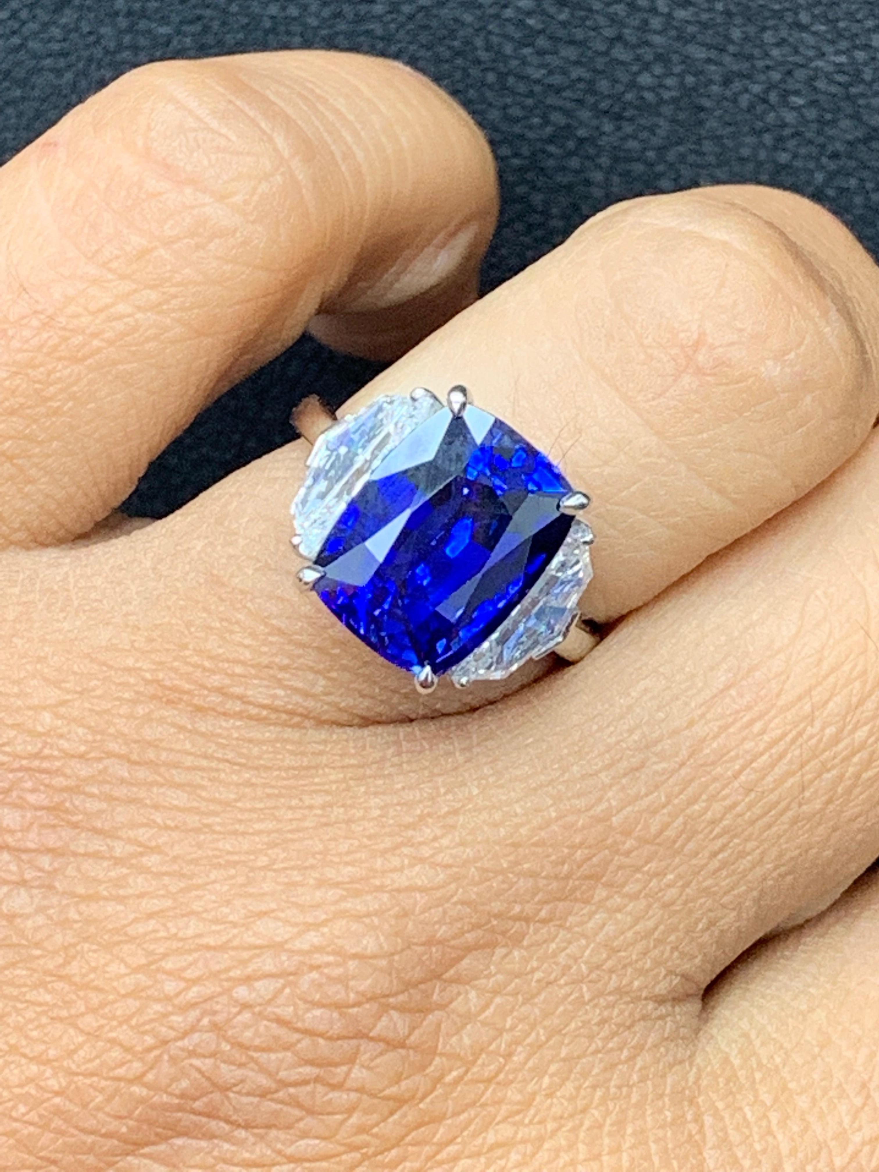 6.54 Carat Blue Sapphire and Diamond Three-Stone Engagement Ring in Platinum For Sale 6