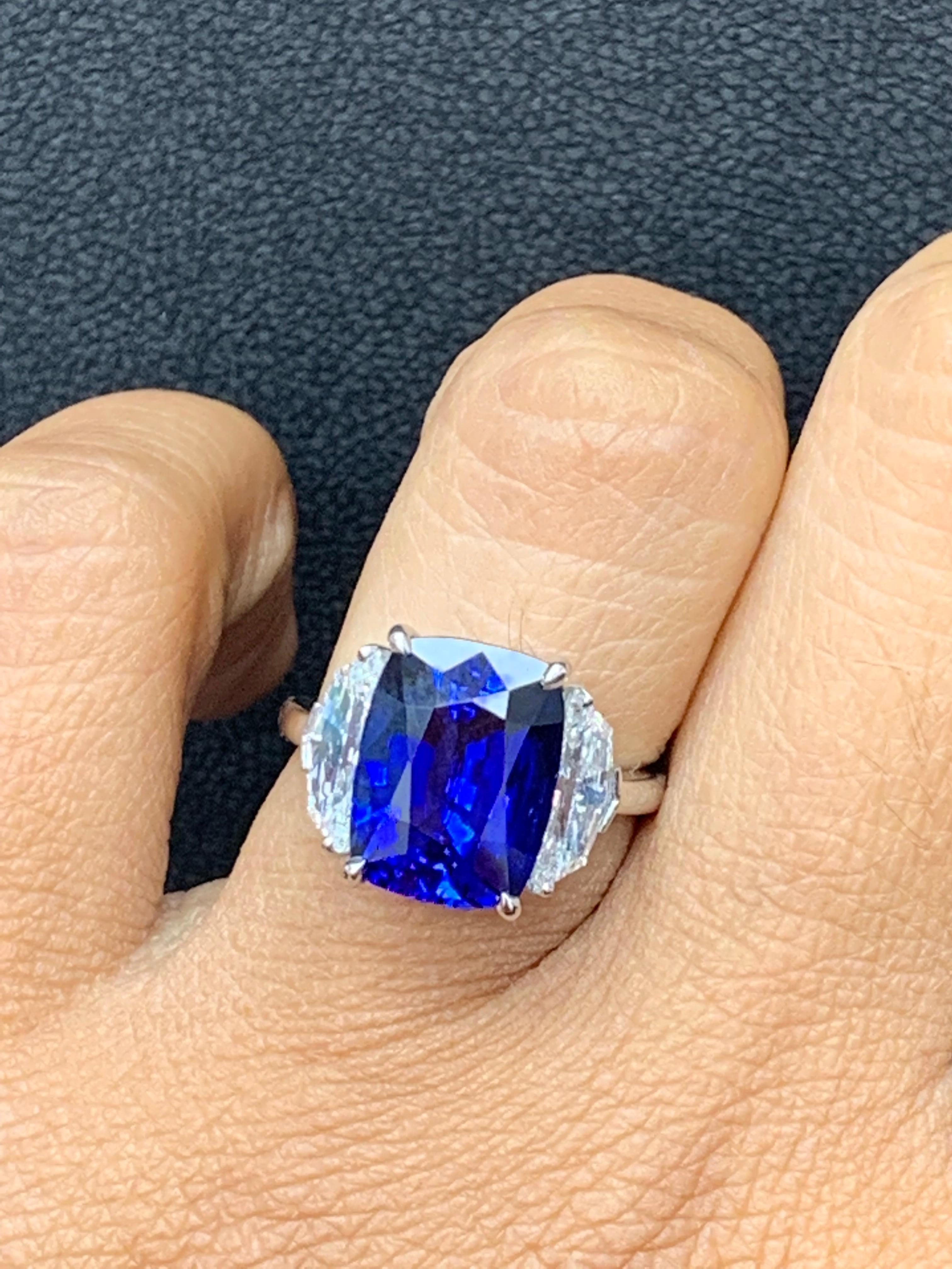 6.54 Carat Blue Sapphire and Diamond Three-Stone Engagement Ring in Platinum For Sale 9