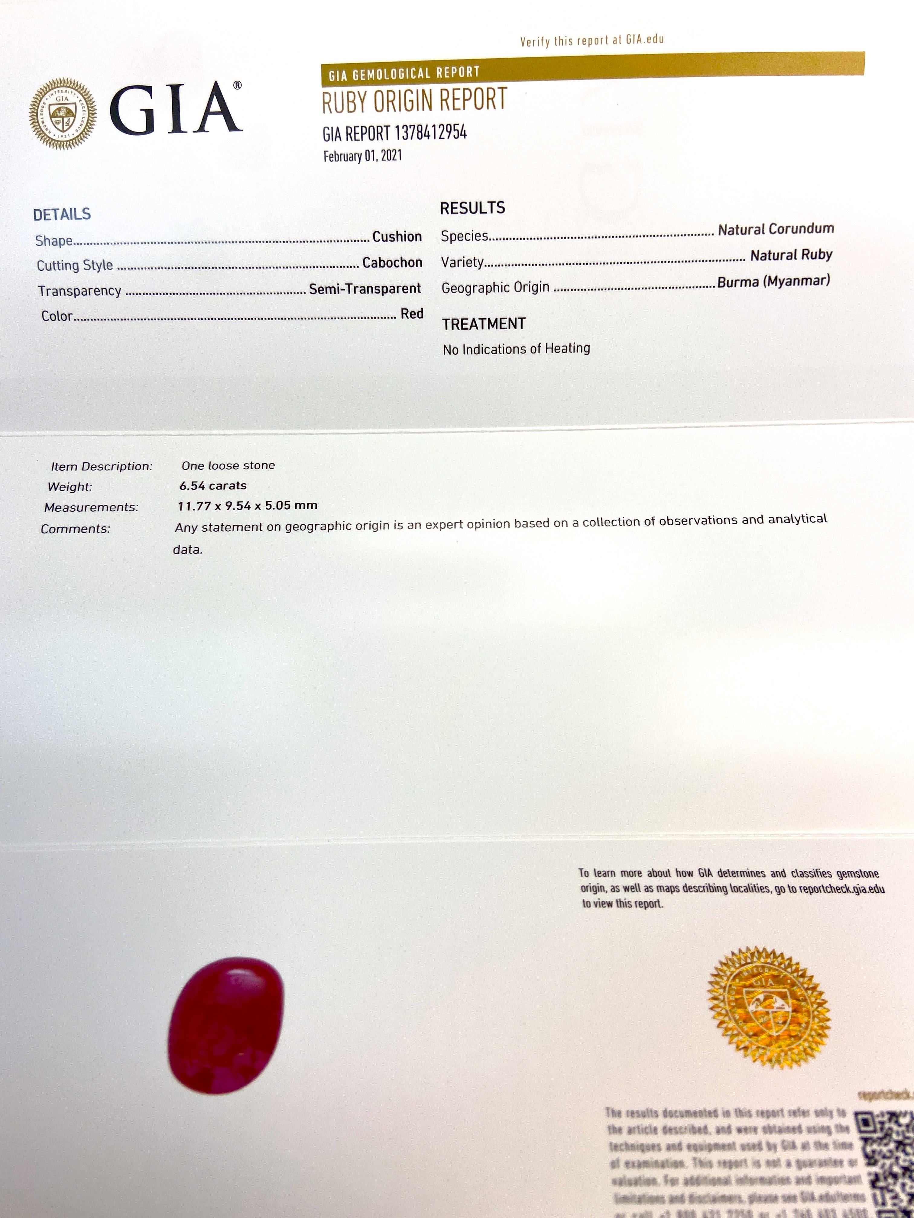 6.54 Carat GIA Certified Burma No Heat Ruby Cabochon and White Diamond Ring 4