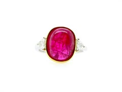 6.54 Carat GIA Certified Burma No Heat Ruby Cabochon and White Diamond Ring