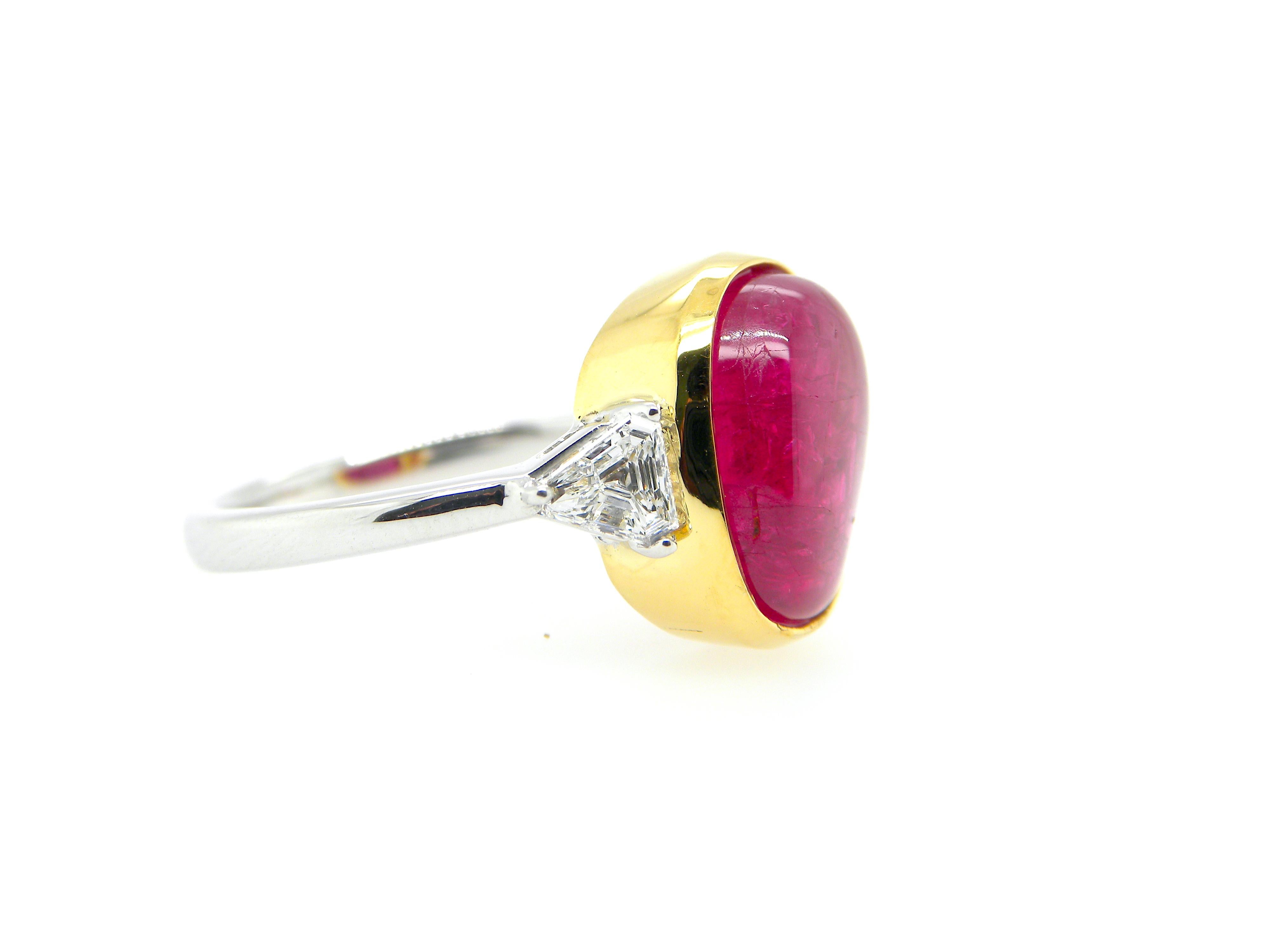 Contemporary 6.54 Carat GIA Certified Burma No Heat Ruby Cabochon and White Diamond Ring