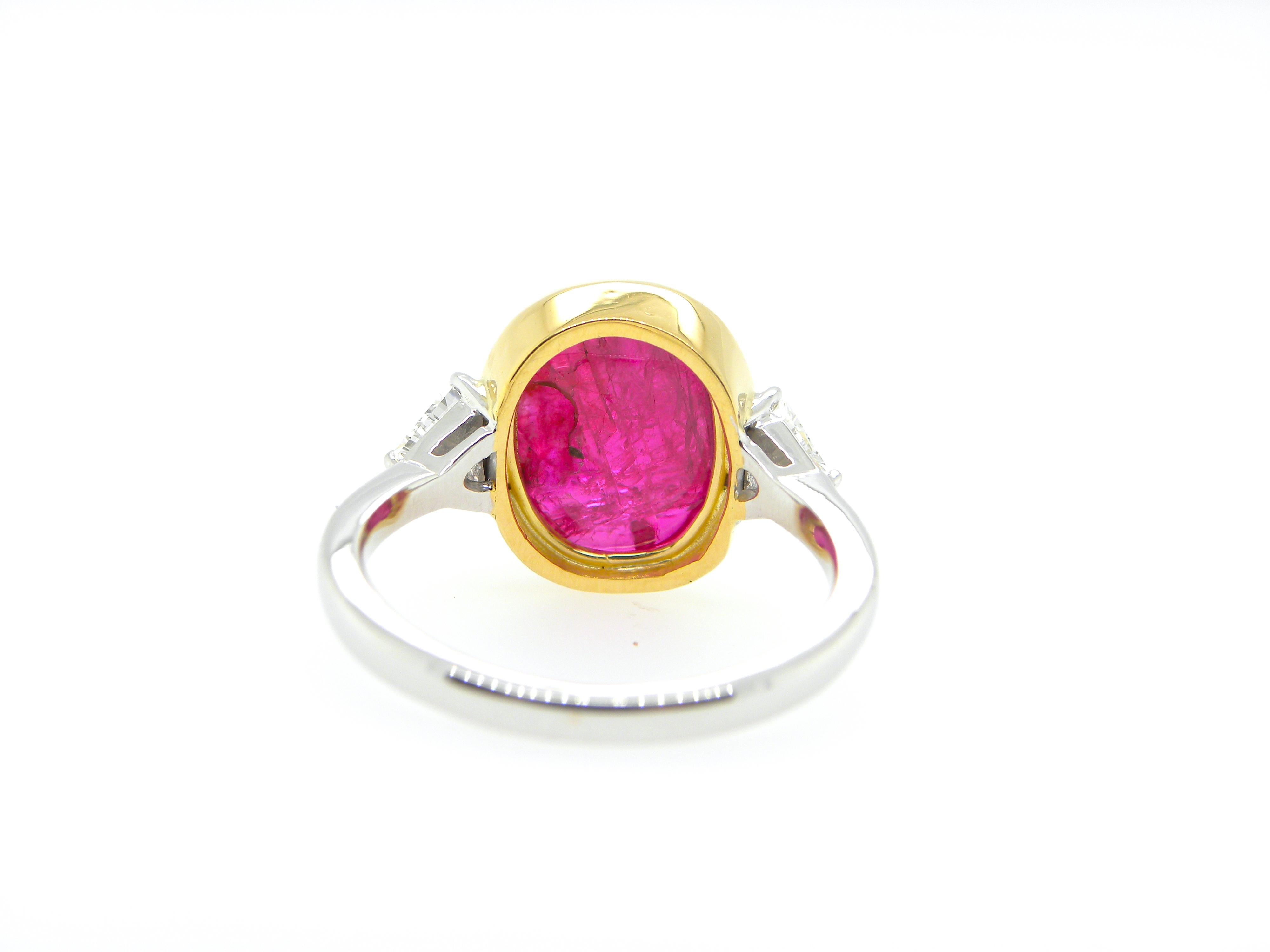 6.54 Carat GIA Certified Burma No Heat Ruby Cabochon and White Diamond Ring In New Condition In Hong Kong, HK