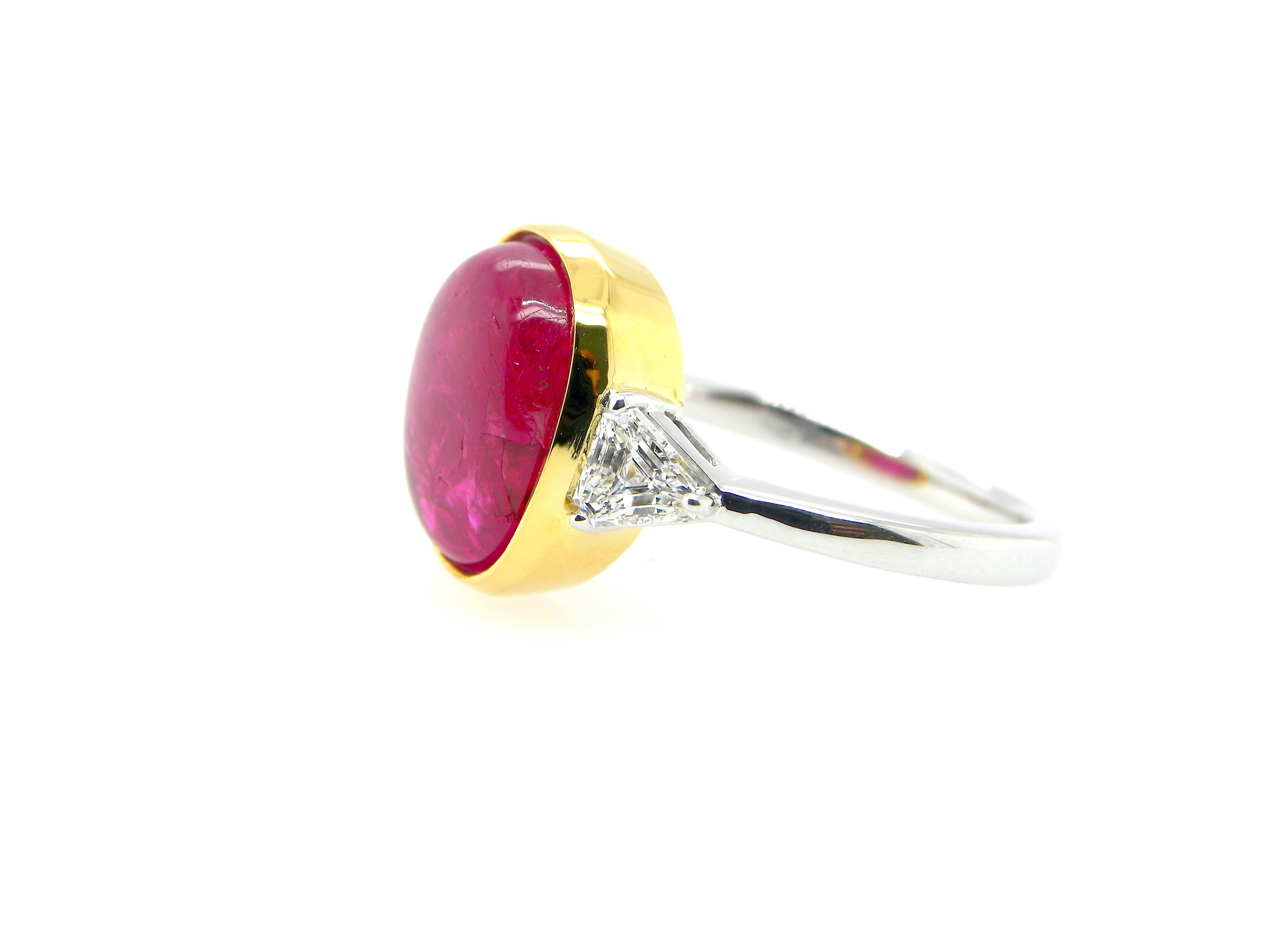 Women's or Men's 6.54 Carat GIA Certified Burma No Heat Ruby Cabochon and White Diamond Ring