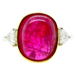 6.54 Carat GIA Certified Burma No Heat Ruby Cabochon and White Diamond Ring