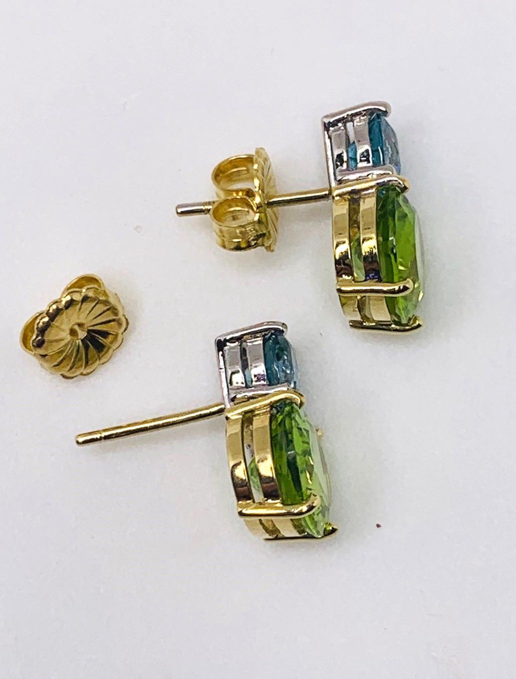 Brilliant Cut 6.54 ct. t.w. Peridot Oval and Blue Zircon 18k Gold Post Drop Earrings