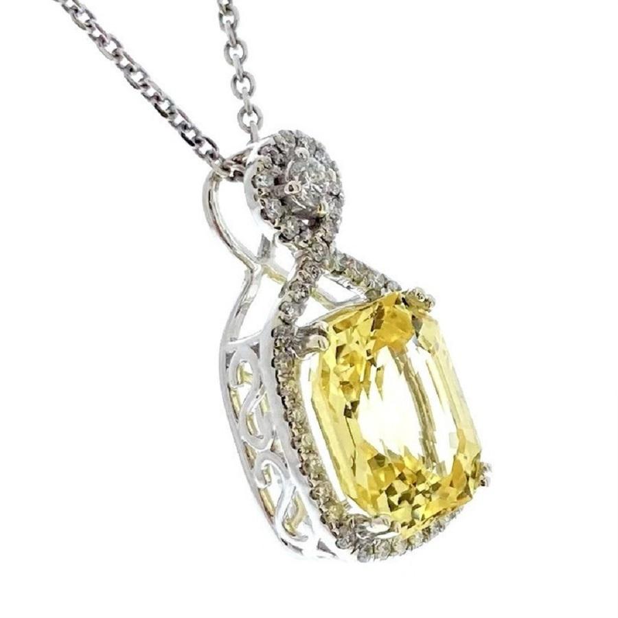 Cushion Cut 6.54 Carat Yellow Cushion Sapphire & Diamond RIng In 14k White Gold For Sale