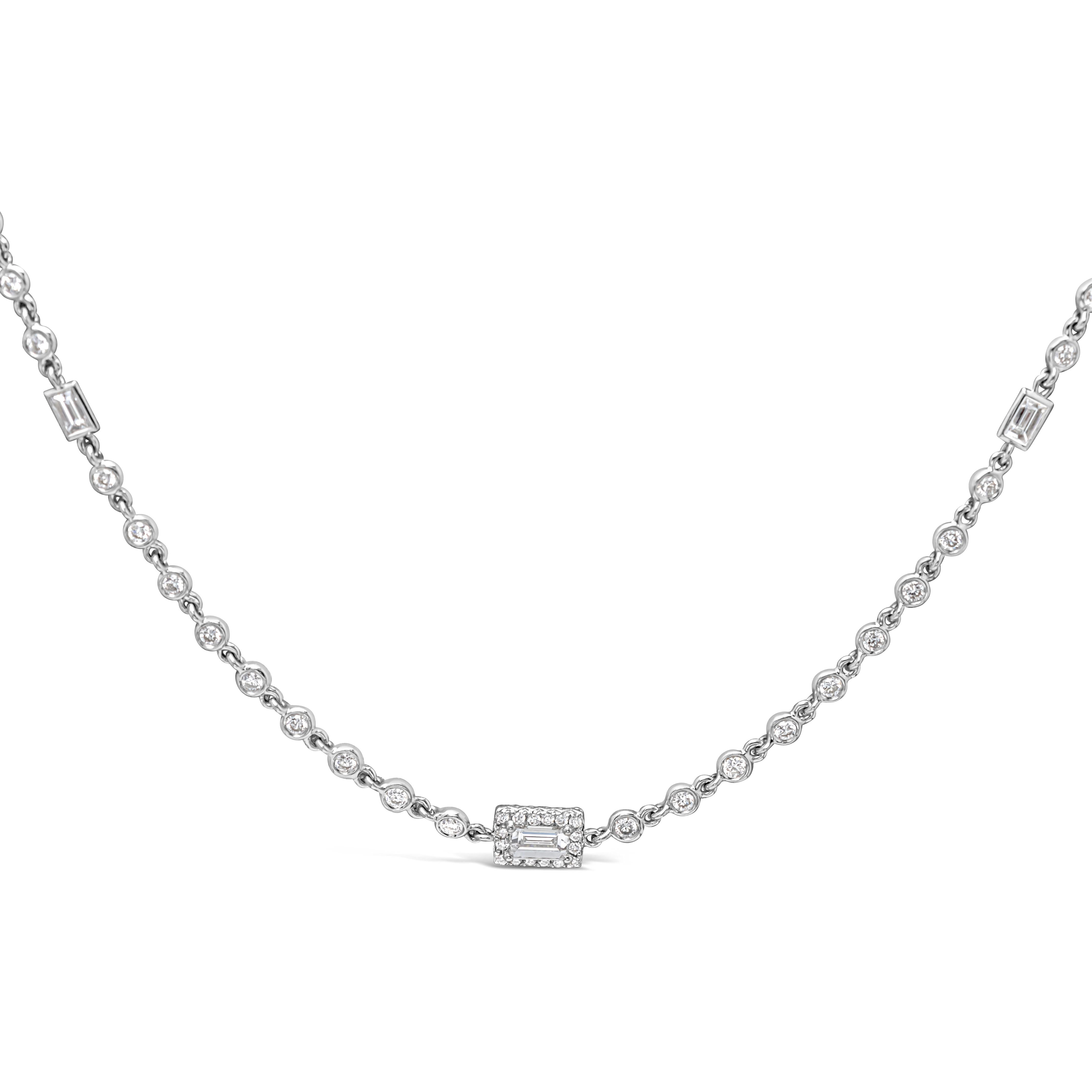 Showcasing a classic and stylish diamonds by the yard necklace accented with baguette cut diamonds, set in halo design with round  diamonds. Elegantly spaced with more bezel set round melee diamond in 18k white gold mounting. Diamonds weigh 6.54