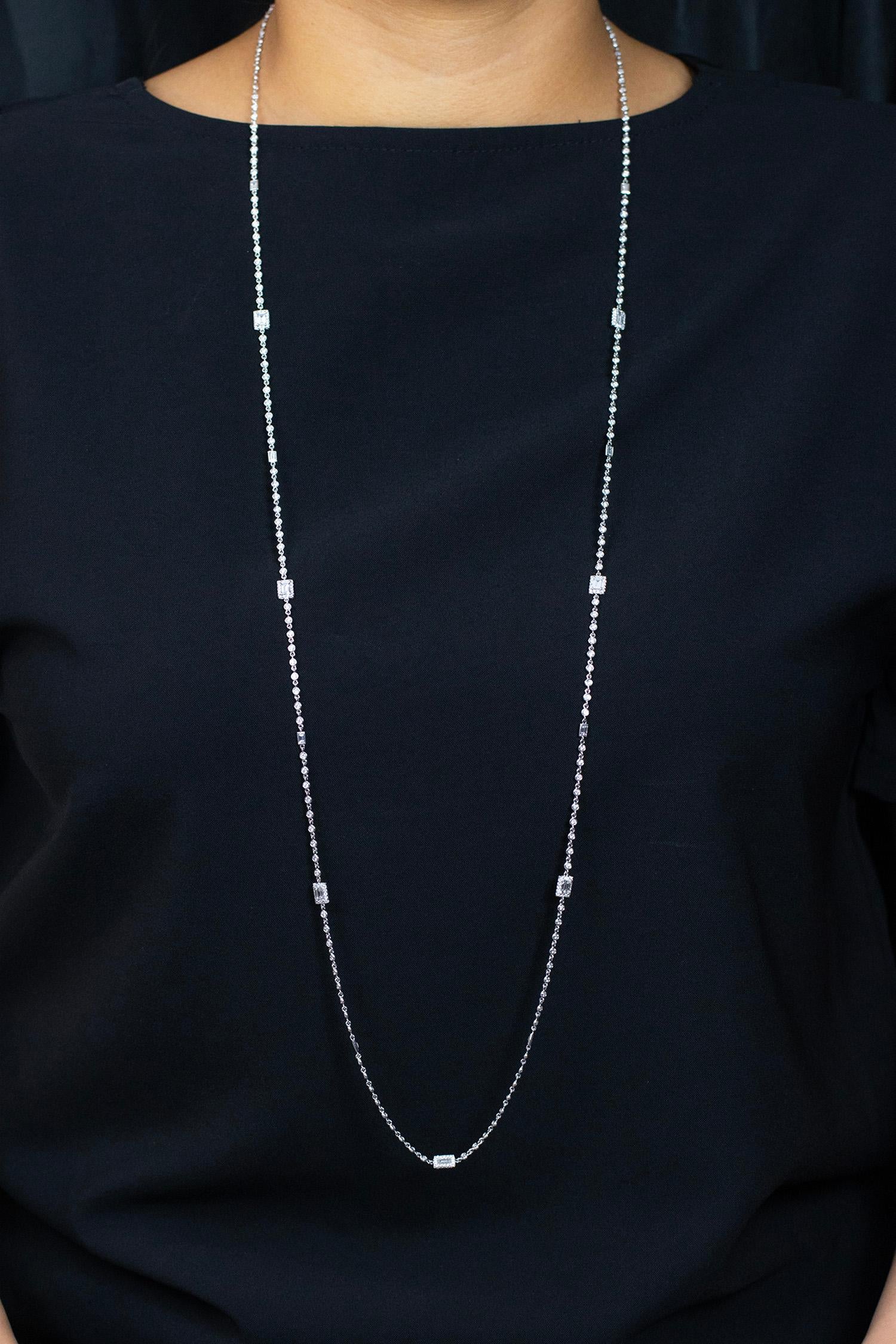 Baguette Cut 6.54 Carats Total Baguette and Round Cut Diamonds by the Yard Line Necklace For Sale