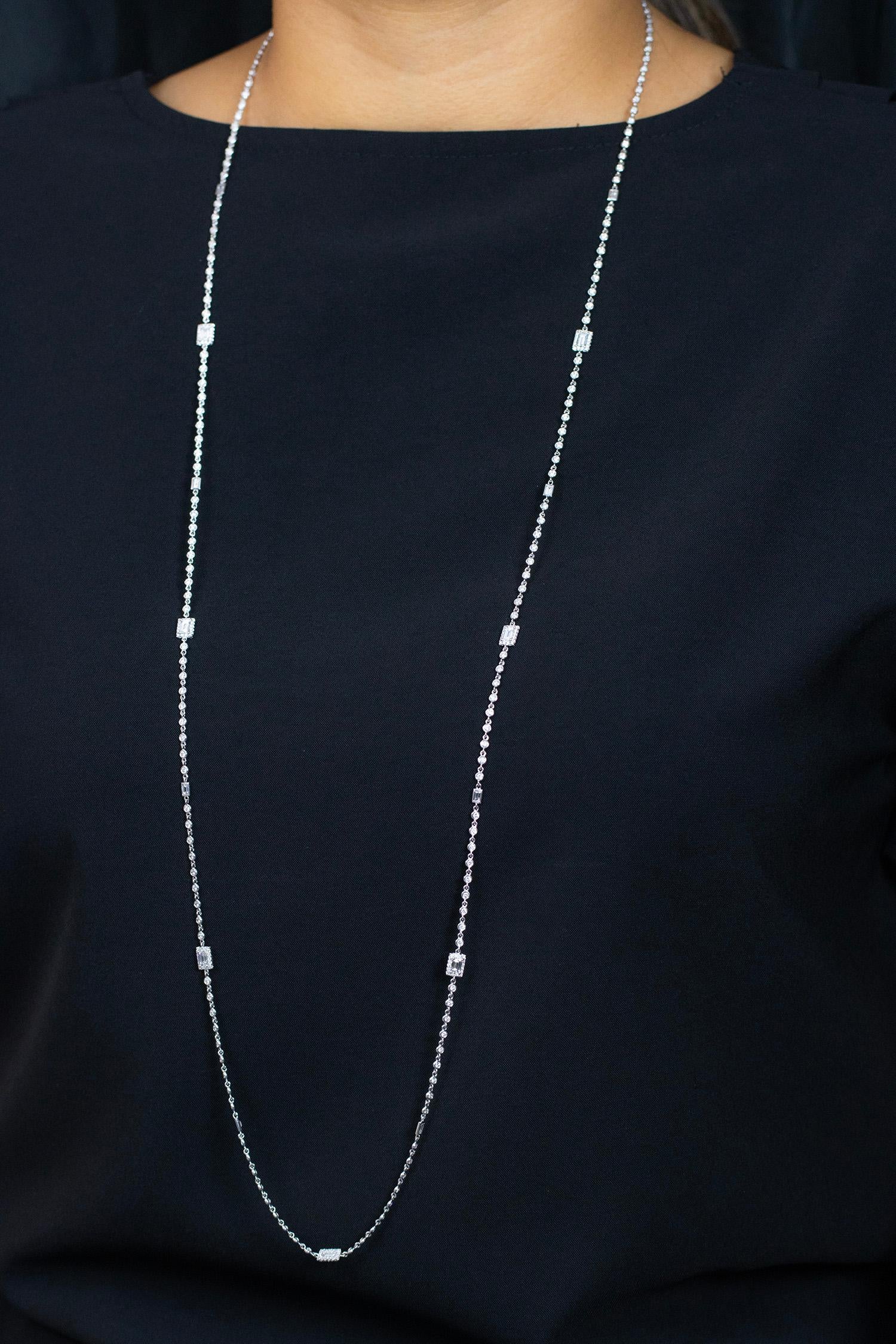6.54 Carats Total Baguette and Round Cut Diamonds by the Yard Line Necklace In New Condition For Sale In New York, NY