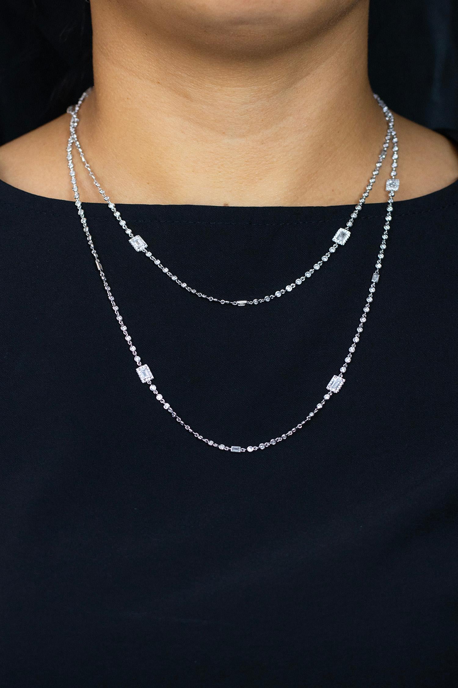 Women's 6.54 Carats Total Baguette and Round Cut Diamonds by the Yard Line Necklace For Sale