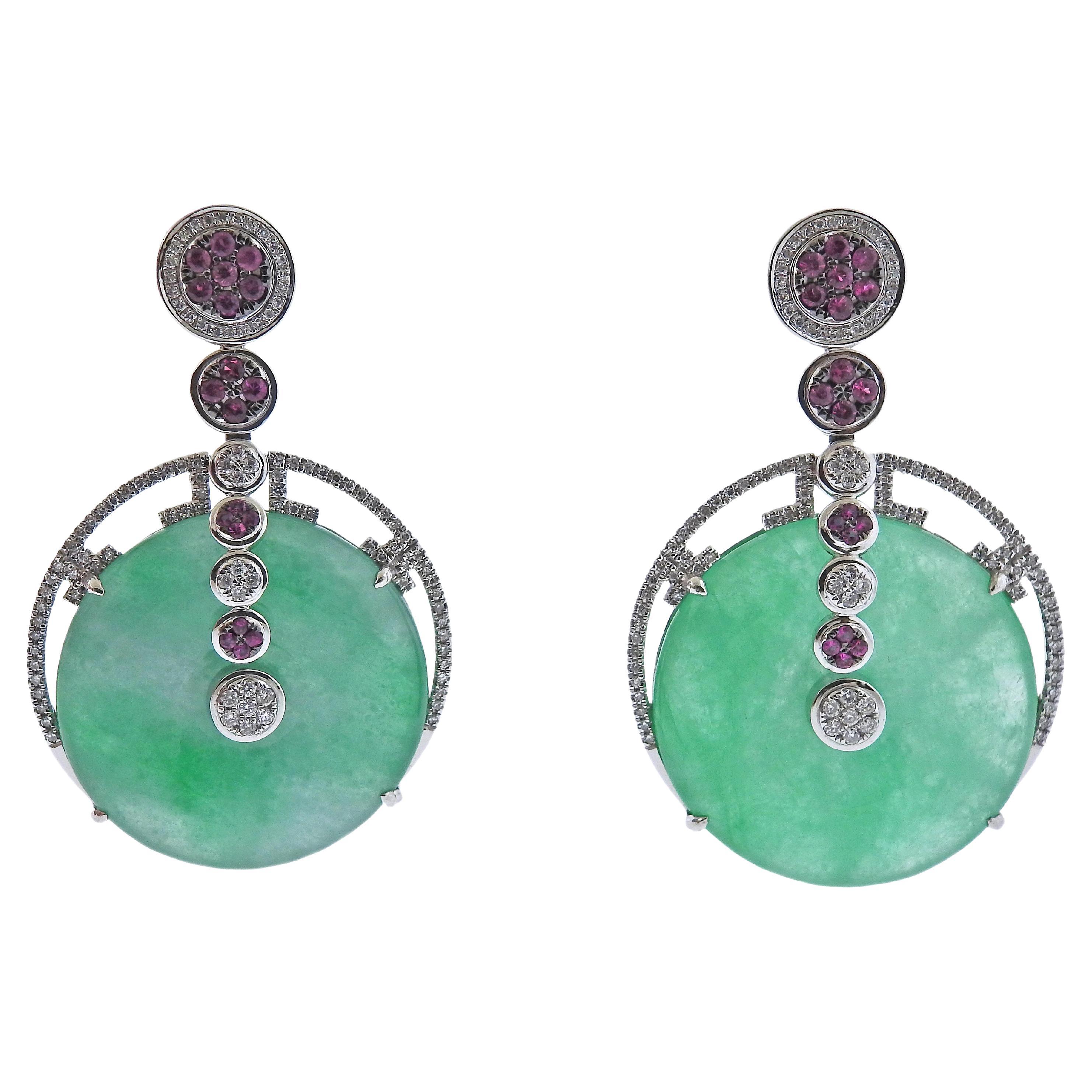65.42ctw Jadeite Jade Diamond Pink Sapphire Gold Drop Earrings For Sale