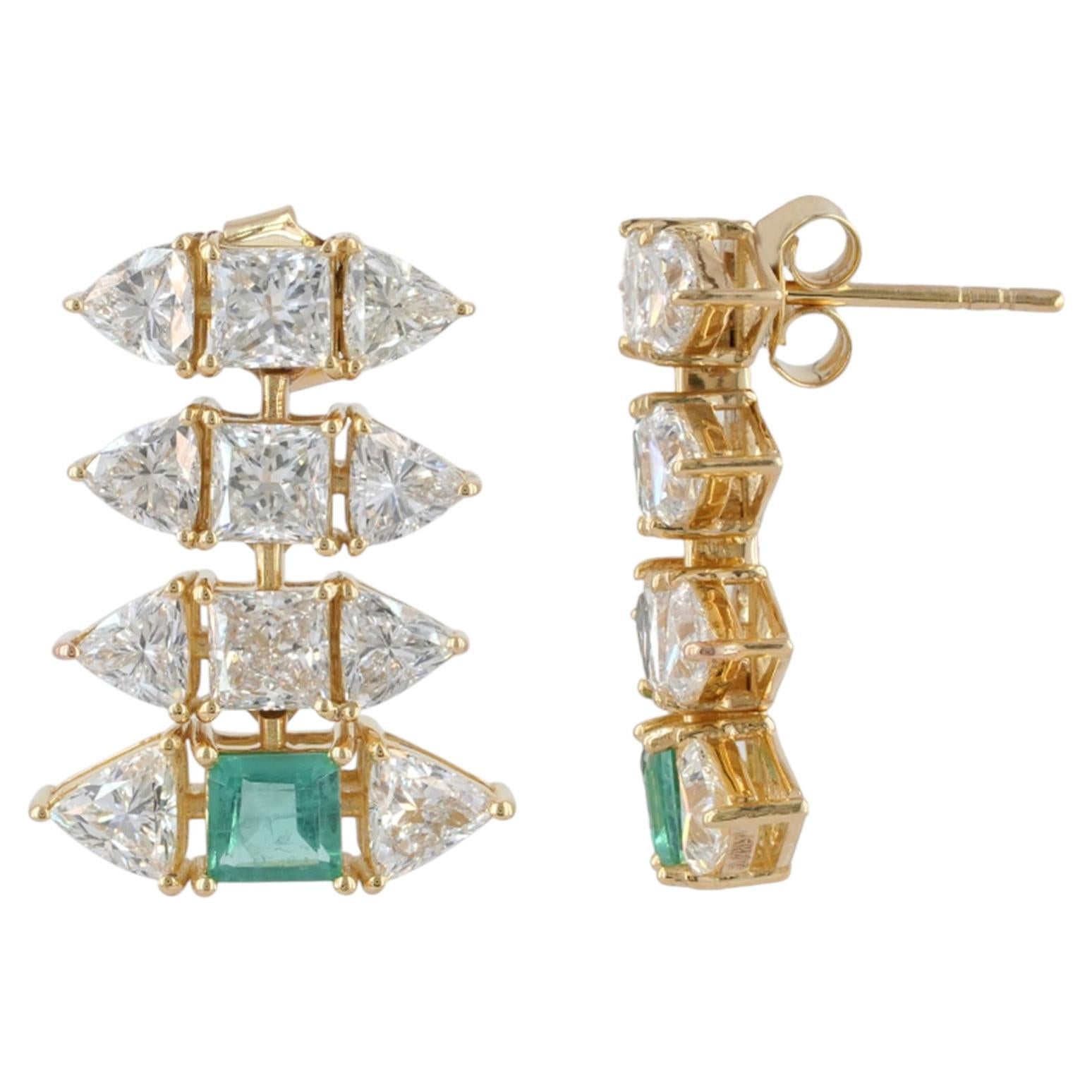 6.54ct Natural Diamond Emerald Multi Row Drop Earrings 14 Karat Yellow Gold For Sale