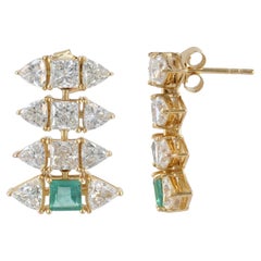 6.54ct Natural Diamond Emerald Multi Row Drop Earrings 14 Karat Yellow Gold