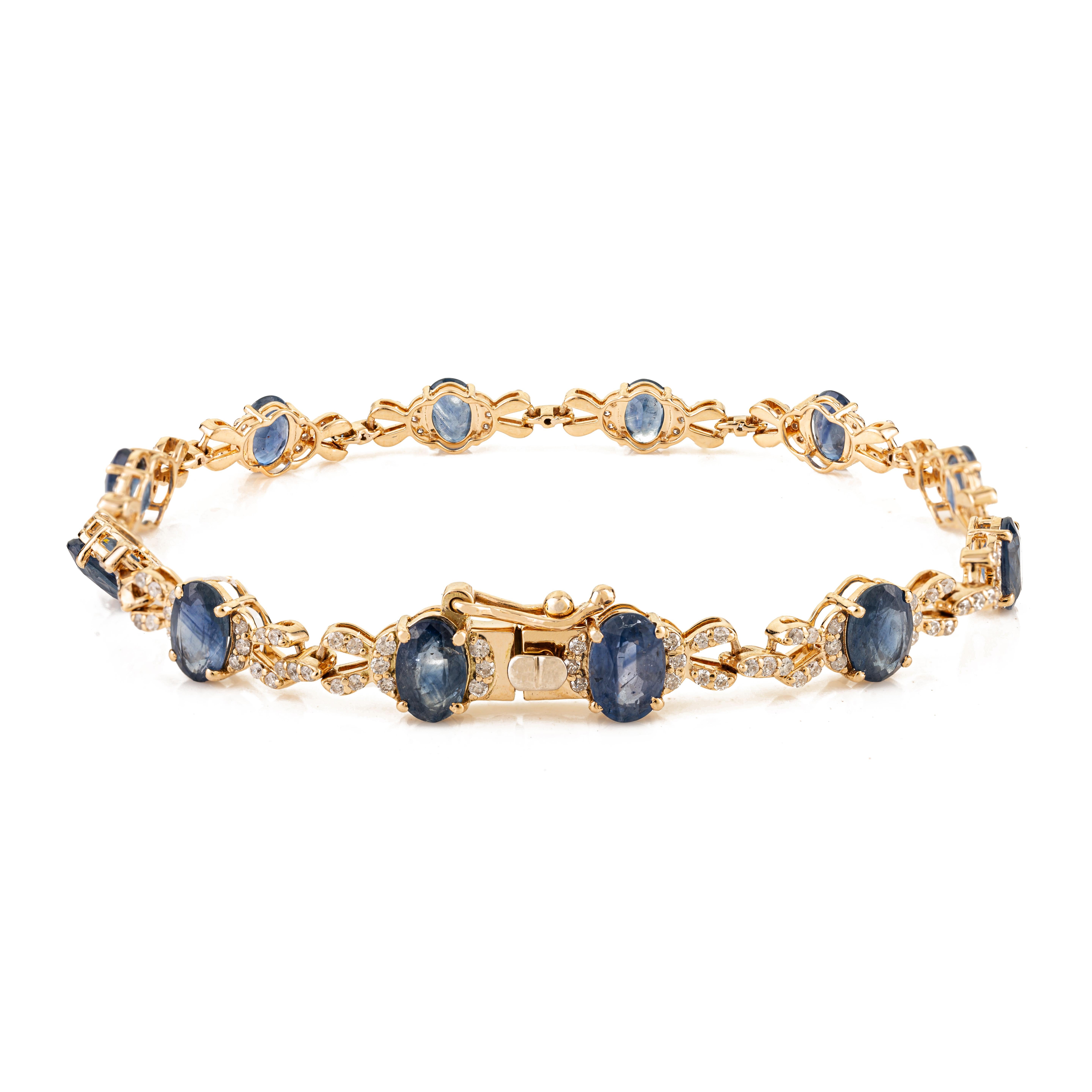 6.54Ct Oval Cut Blue Sapphire & Diamond Tennis Bracelet in Solid 14K Yellow Gold In condizioni Nuovo in vendita a New York, NY