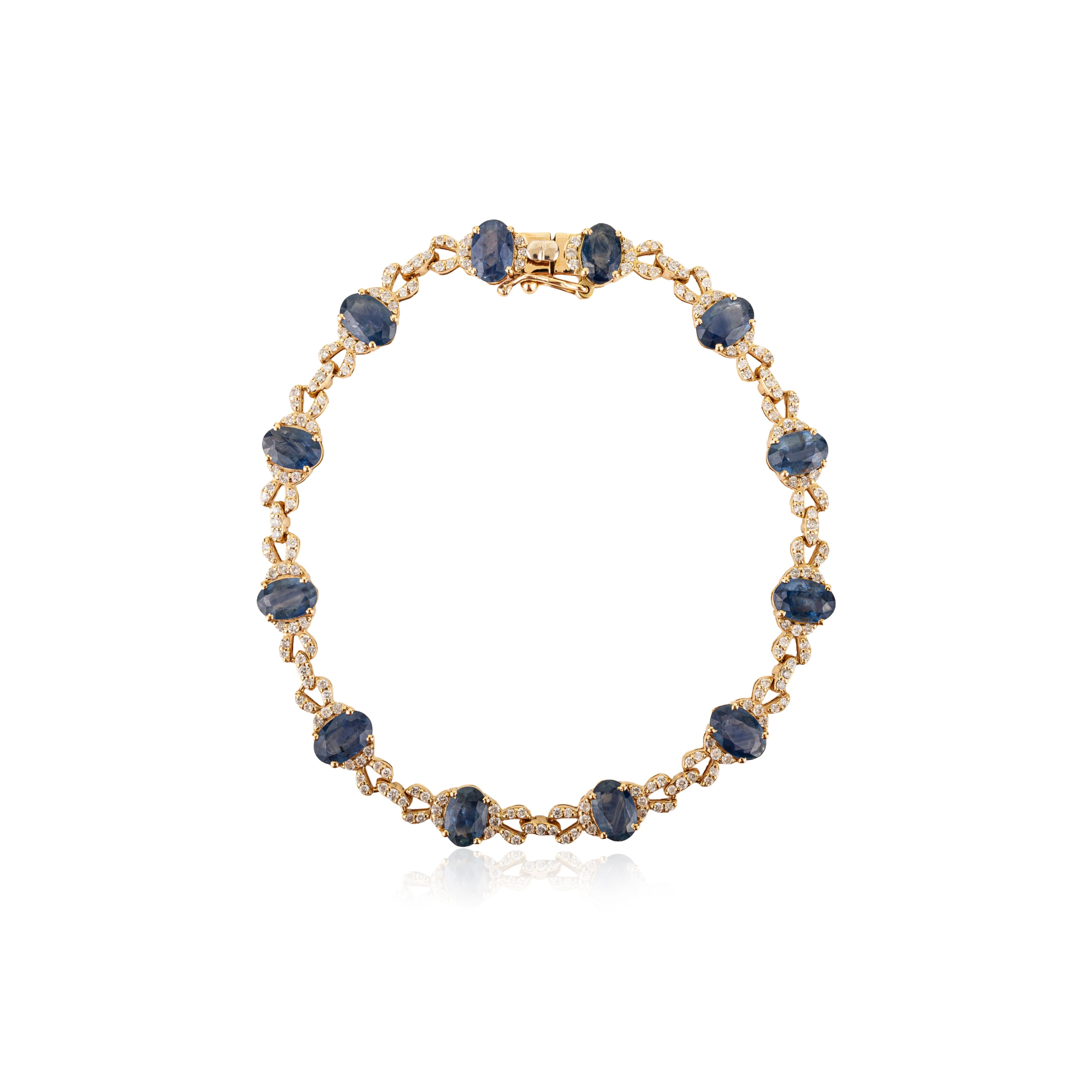 6.54Ct Oval Cut Blue Sapphire & Diamond Tennis Bracelet in Solid 14K Yellow Gold in vendita 1