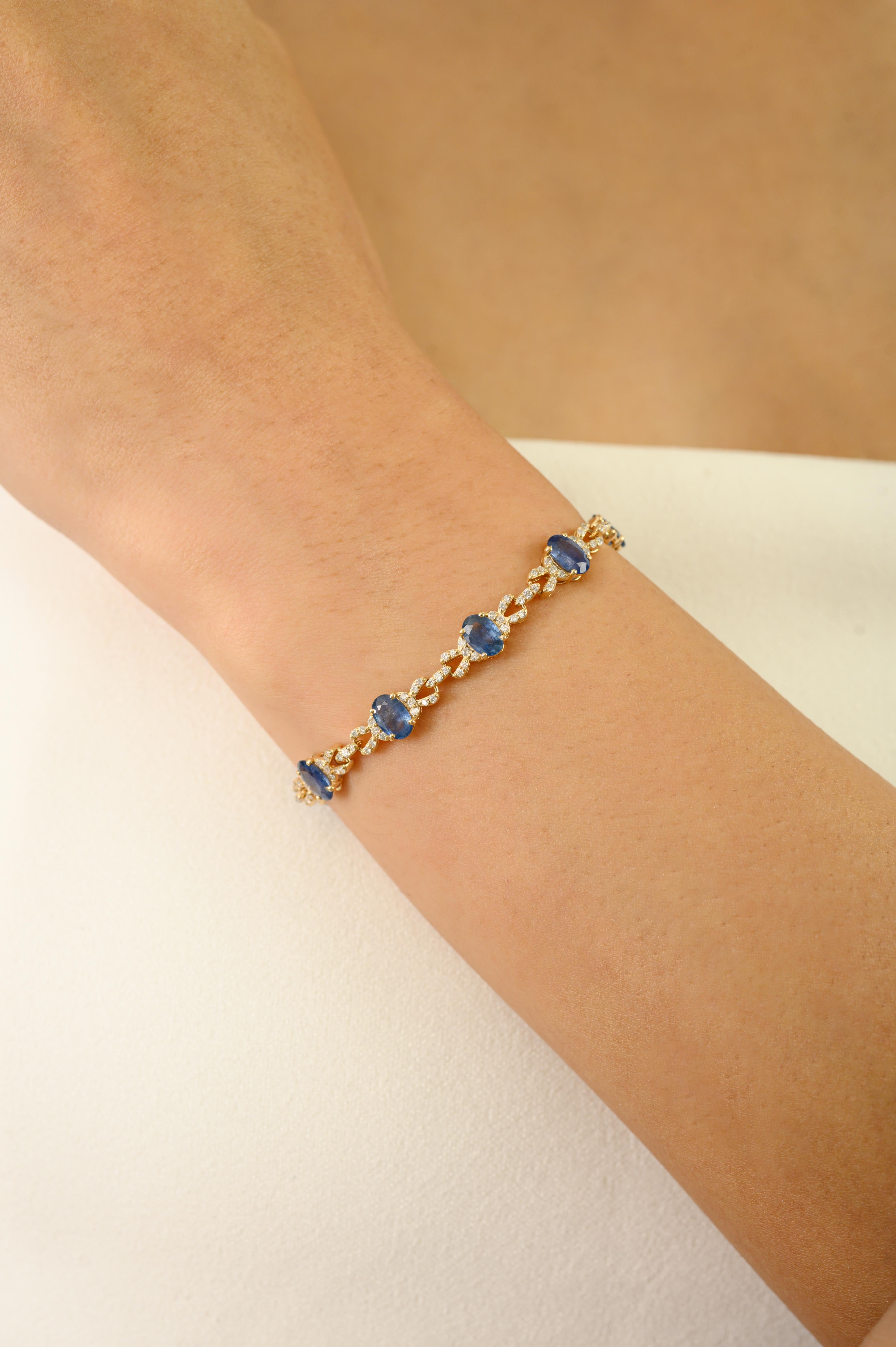 6.54Ct Oval Cut Blue Sapphire & Diamond Tennis Bracelet in Solid 14K Yellow Gold in vendita 2