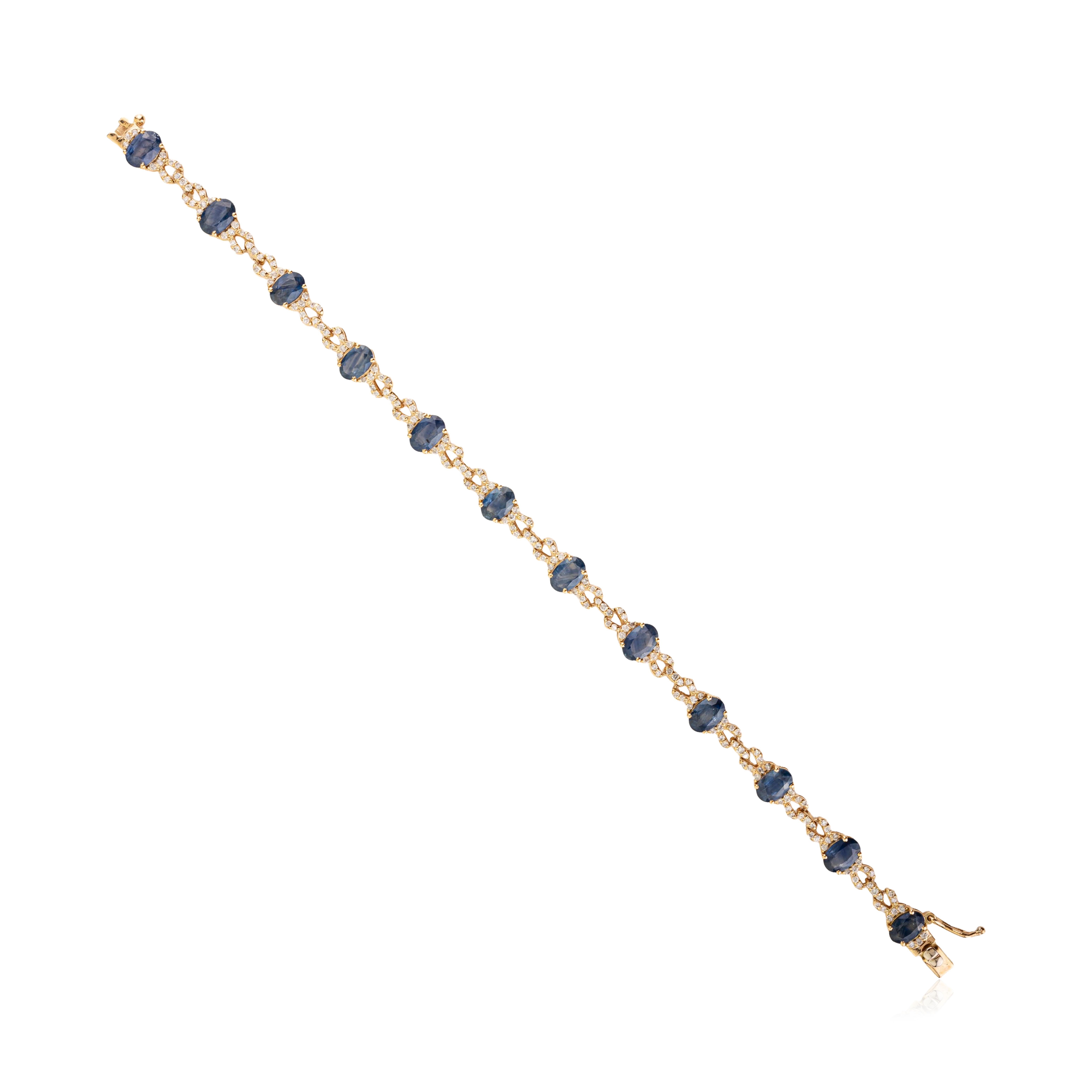 6.54Ct Oval Cut Blue Sapphire & Diamond Tennis Bracelet in Solid 14K Yellow Gold in vendita 3