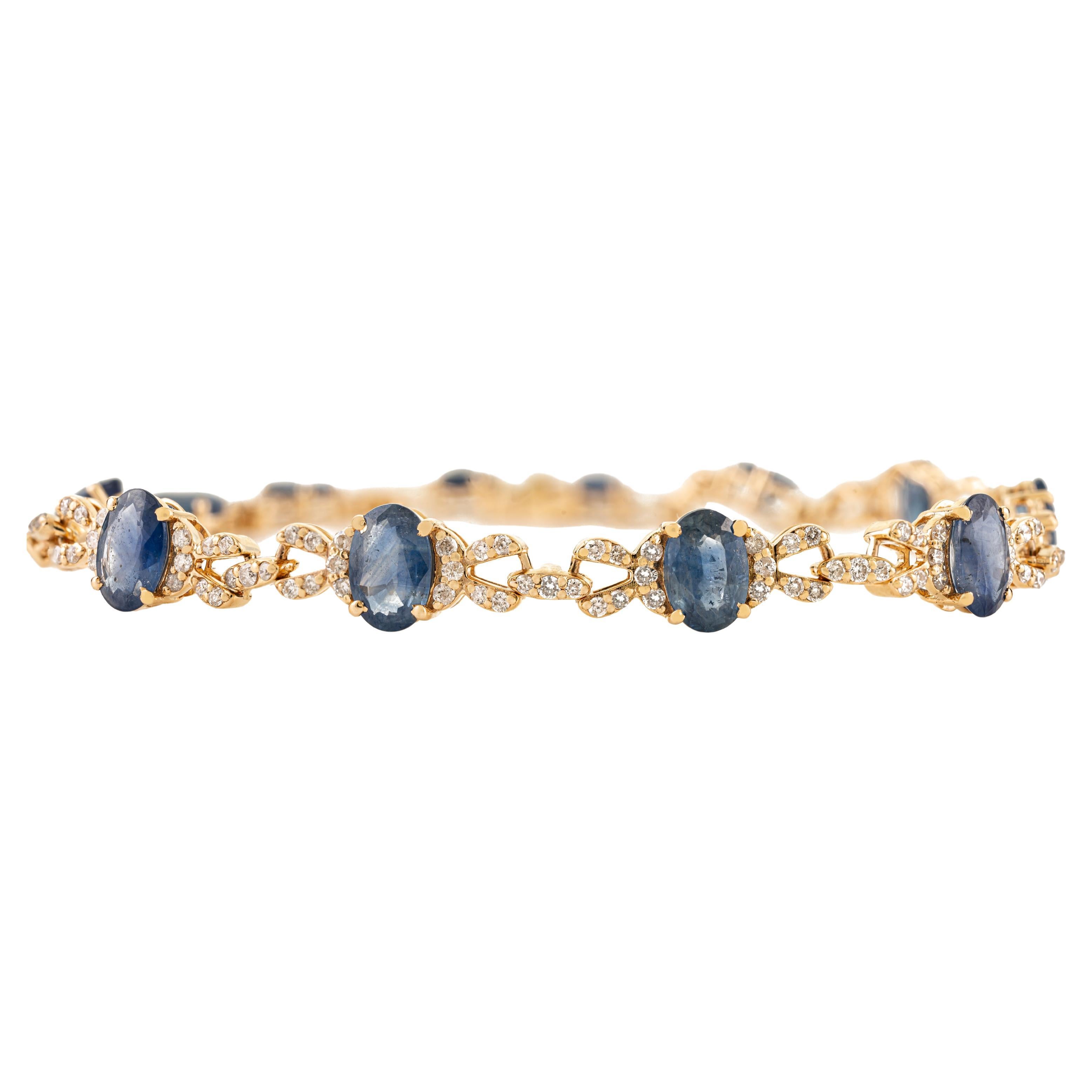 6.54Ct Oval Cut Blue Sapphire
Diamond Tennis Bracelet in Solid 14K Yellow Gold