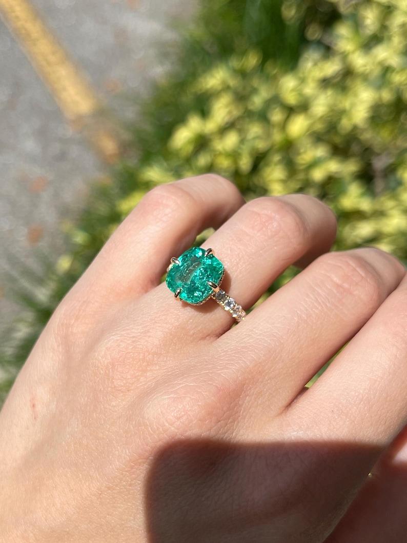 Cushion Cut 6.54tcw 18K Cushion Colombian Emerald Ring - Hidden Diamond Halo Gold Accents For Sale