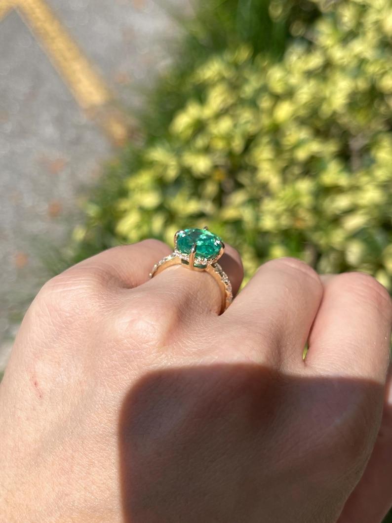 6.54tcw 18K Cushion Colombian Emerald Ring - Hidden Diamond Halo Gold Accents In New Condition For Sale In Jupiter, FL