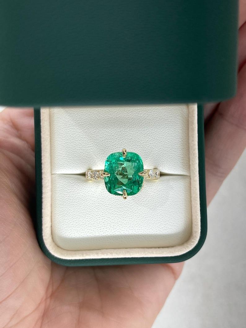 Women's 6.54tcw 18K Cushion Colombian Emerald Ring - Hidden Diamond Halo Gold Accents For Sale