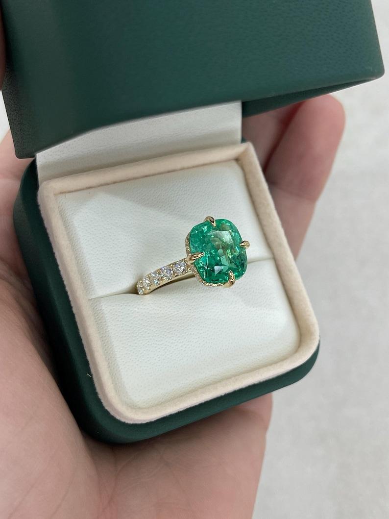 6.54tcw 18K Cushion Colombian Emerald Ring - Hidden Diamond Halo Gold Accents For Sale 1