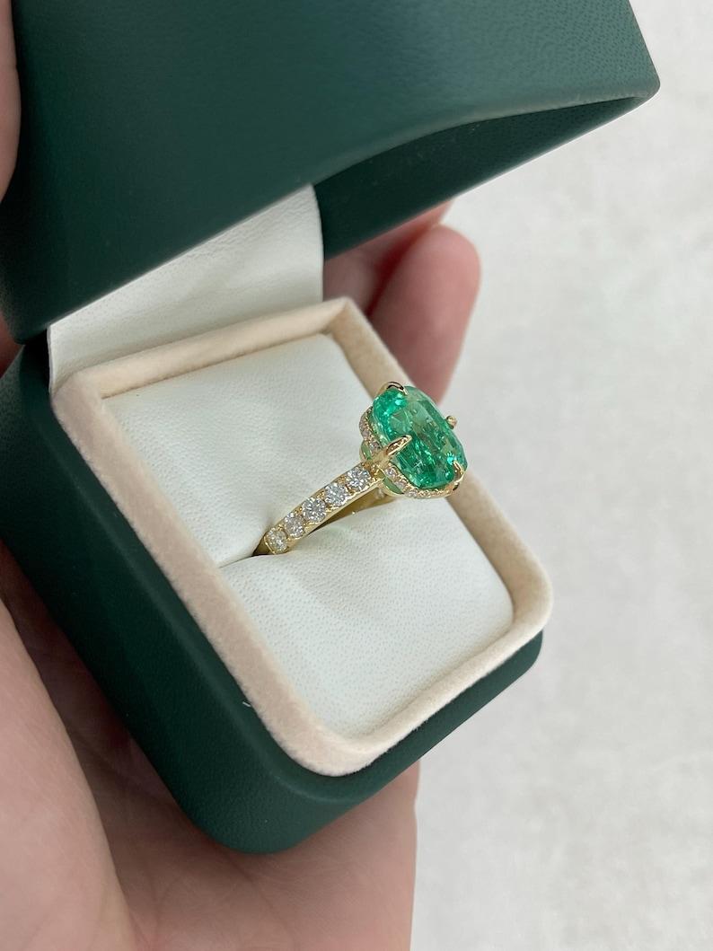 6.54tcw 18K Cushion Colombian Emerald Ring - Hidden Diamond Halo Gold Accents For Sale 2