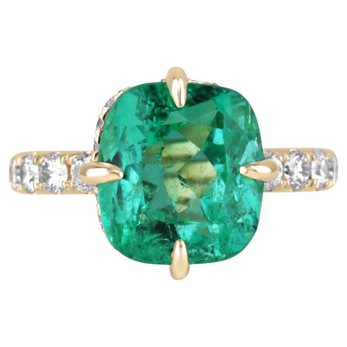 6.54tcw 18K Cushion Colombian Emerald Ring - Hidden Diamond Halo Gold Accents For Sale