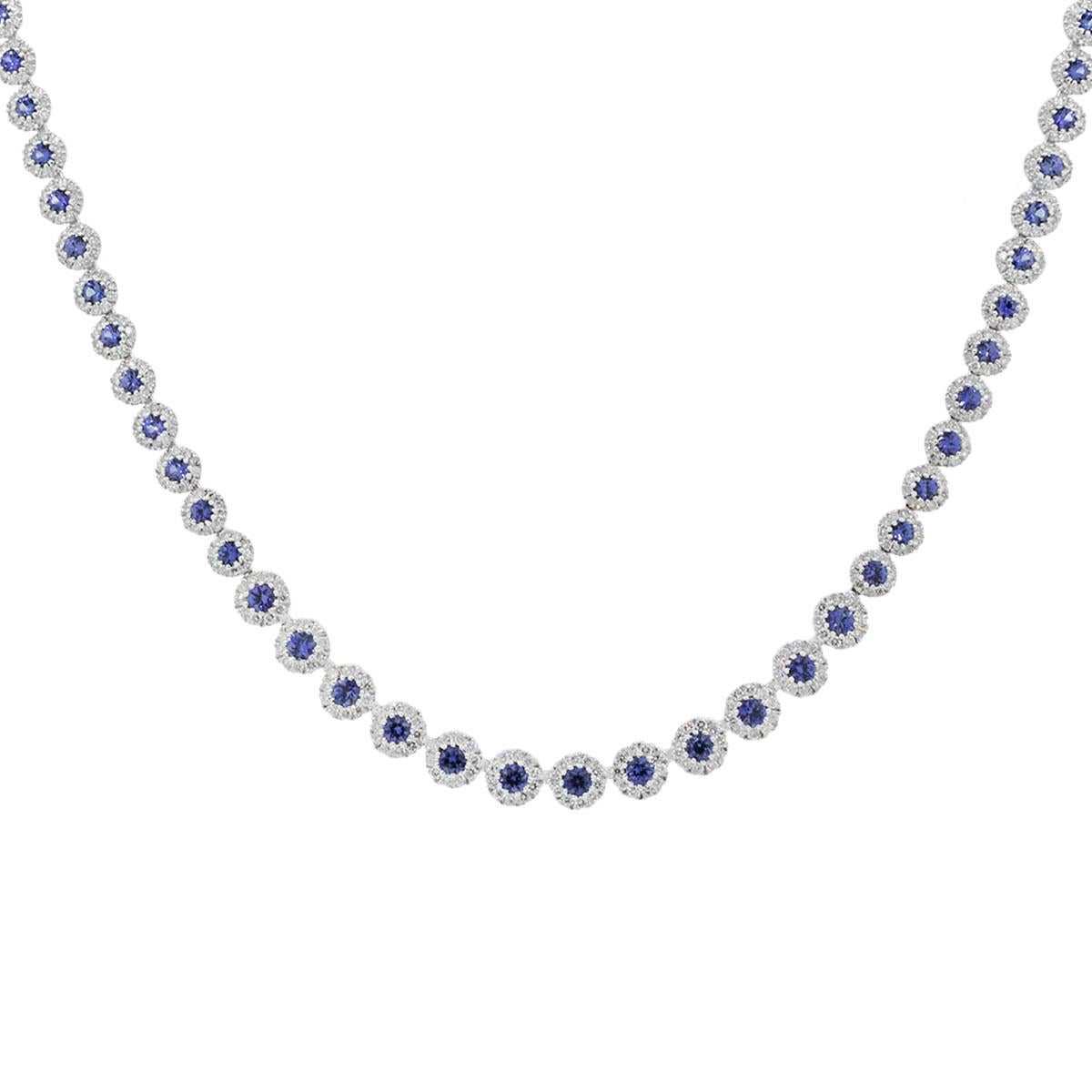 Material: 14k White Gold
Diamond Details: Approximately 5.34ctw round brilliant cut diamonds. Diamonds are G/H in color and VS in clarity.
Gemstone Details: Approximately 6.55ctw blue sapphire gemstones.
Measurements: 16.5″ in length
Item Weight: