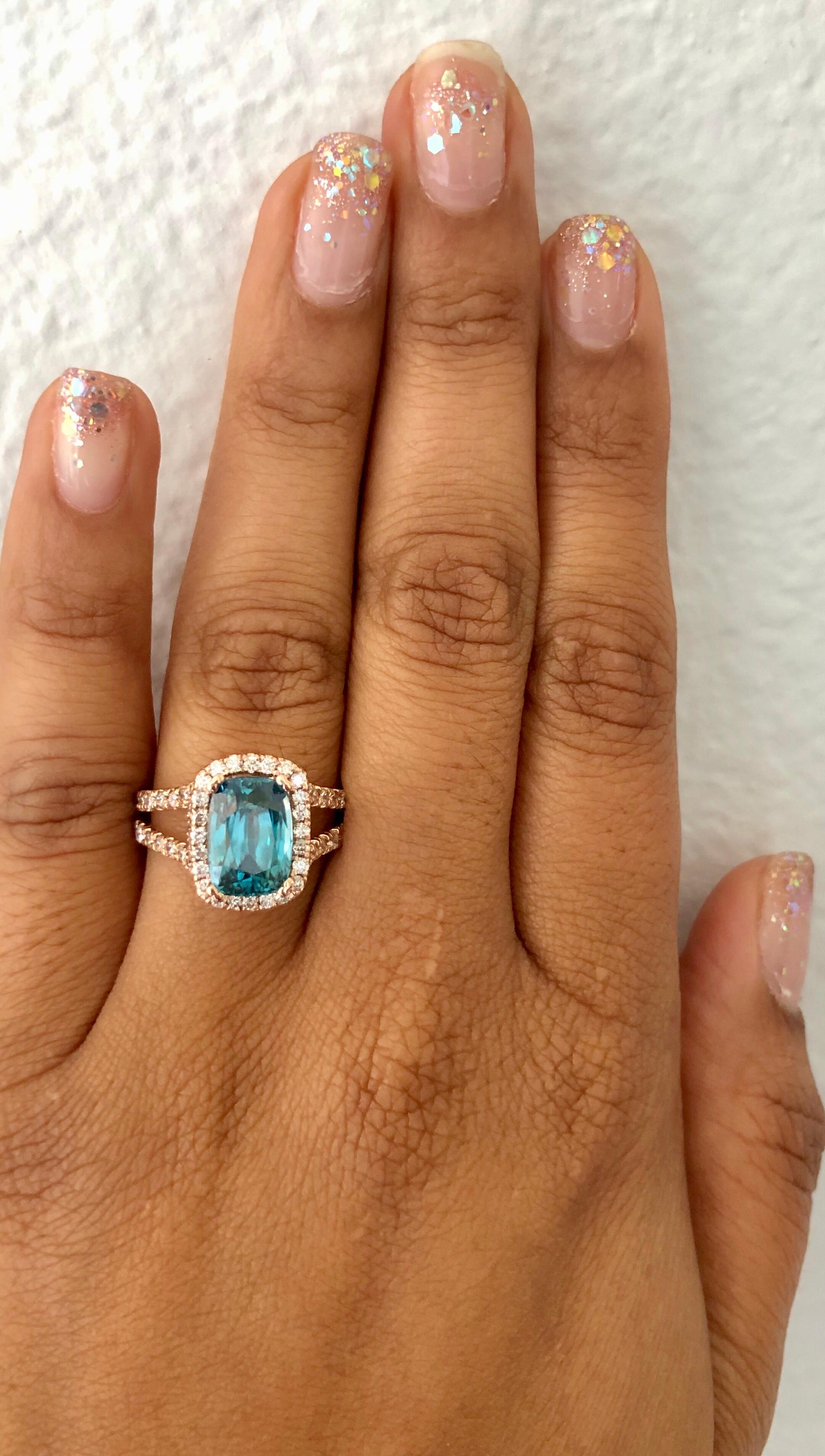 Contemporary 6.55 Carat Blue Zircon Diamond 14 Karat Rose Gold Ring For Sale