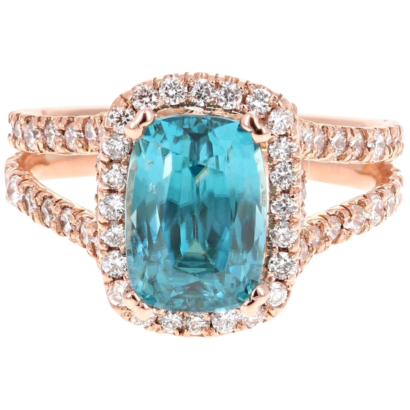 6.55 Carat Blue Zircon Diamond 14 Karat Rose Gold Ring For Sale