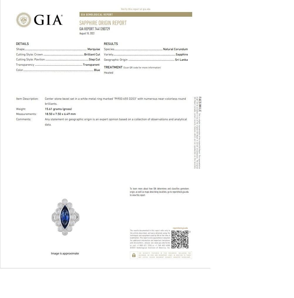 6.55 Carat Ceylon Sapphire Diamond Platinum Navette Ring, GIA Certified For Sale 5