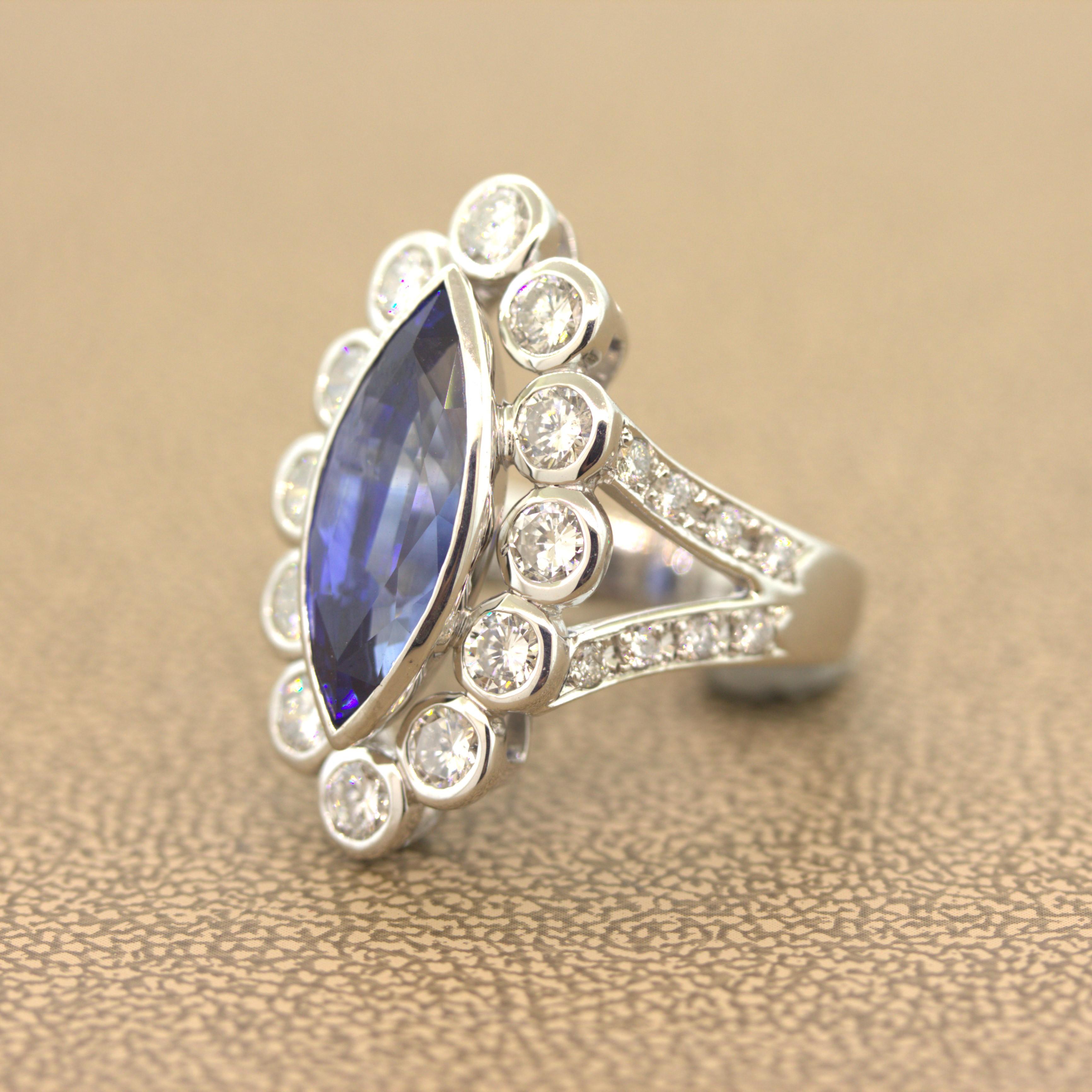 Marquise Cut 6.55 Carat Ceylon Sapphire Diamond Platinum Navette Ring, GIA Certified For Sale