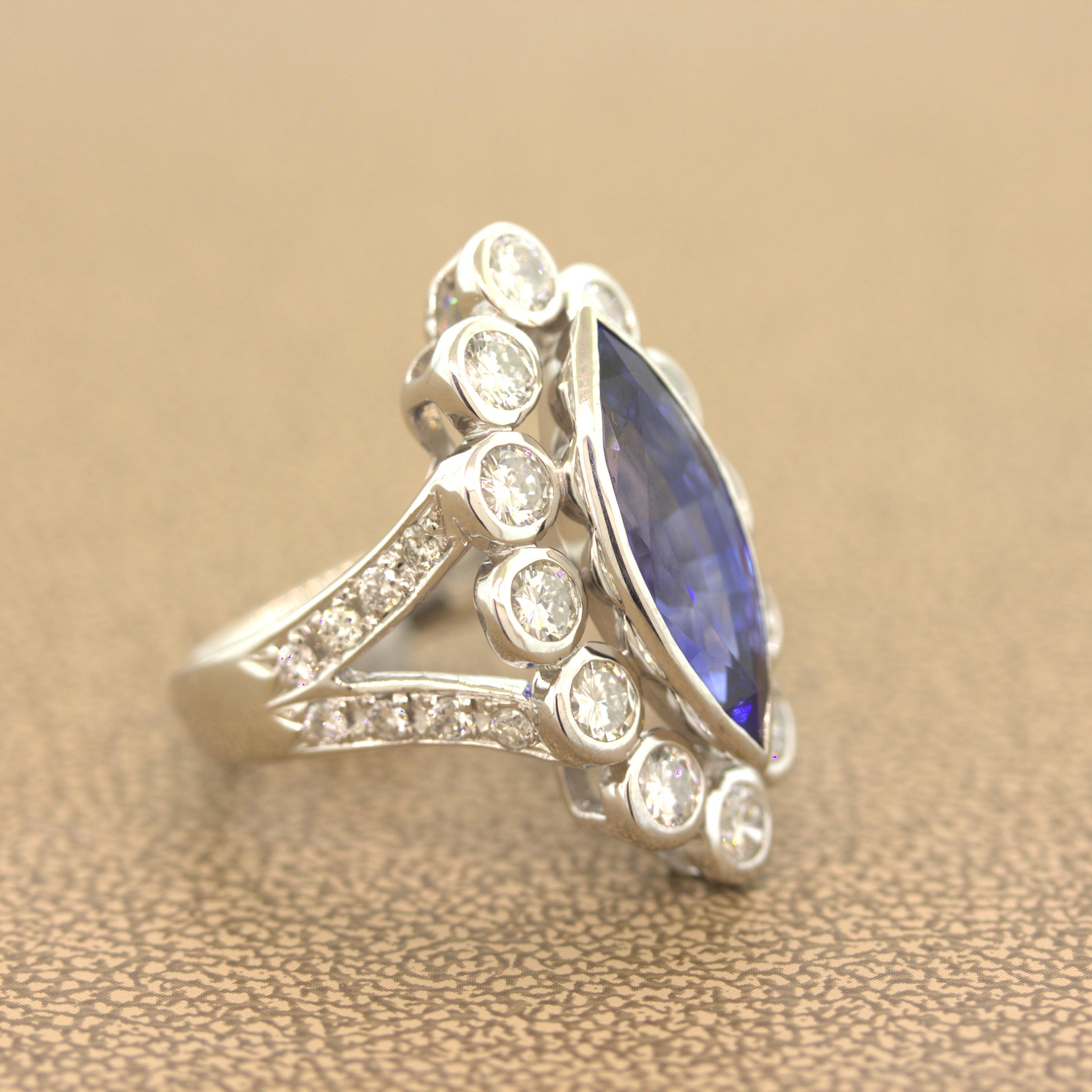 6.55 Carat Ceylon Sapphire Diamond Platinum Navette Ring, GIA Certified In New Condition For Sale In Beverly Hills, CA