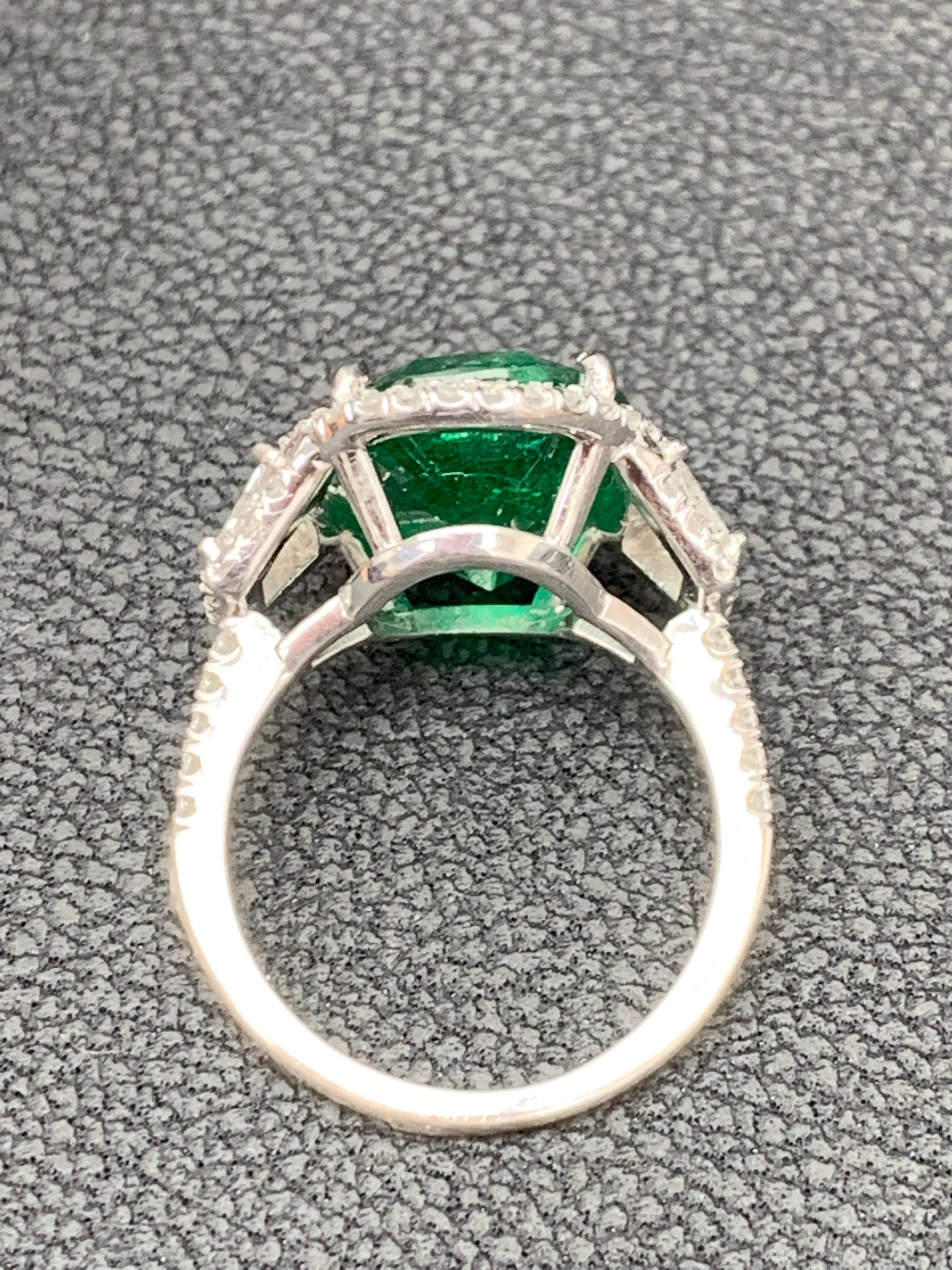 6.55 Carat Cushion Cut Emerald and Diamond Engagement Ring in Platinum For Sale 3
