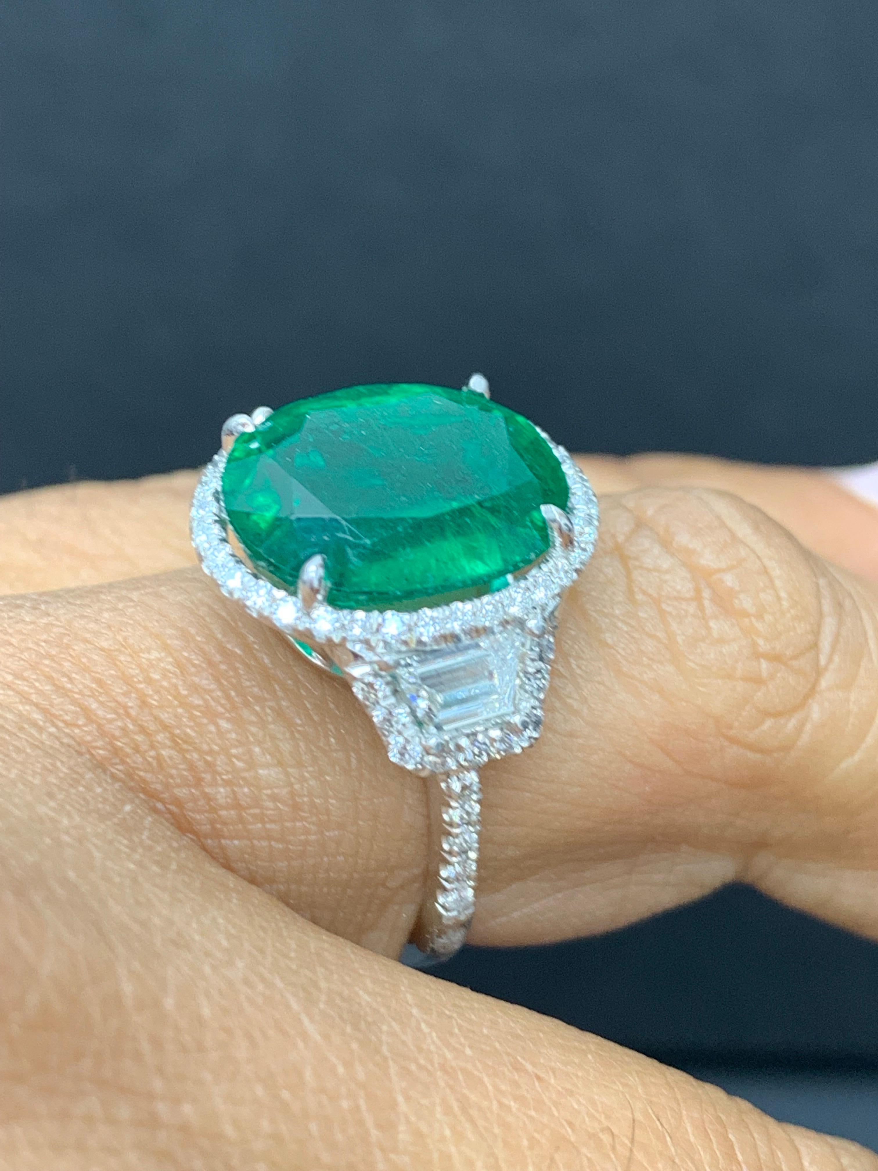 6.55 Carat Cushion Cut Emerald and Diamond Engagement Ring in Platinum For Sale 8