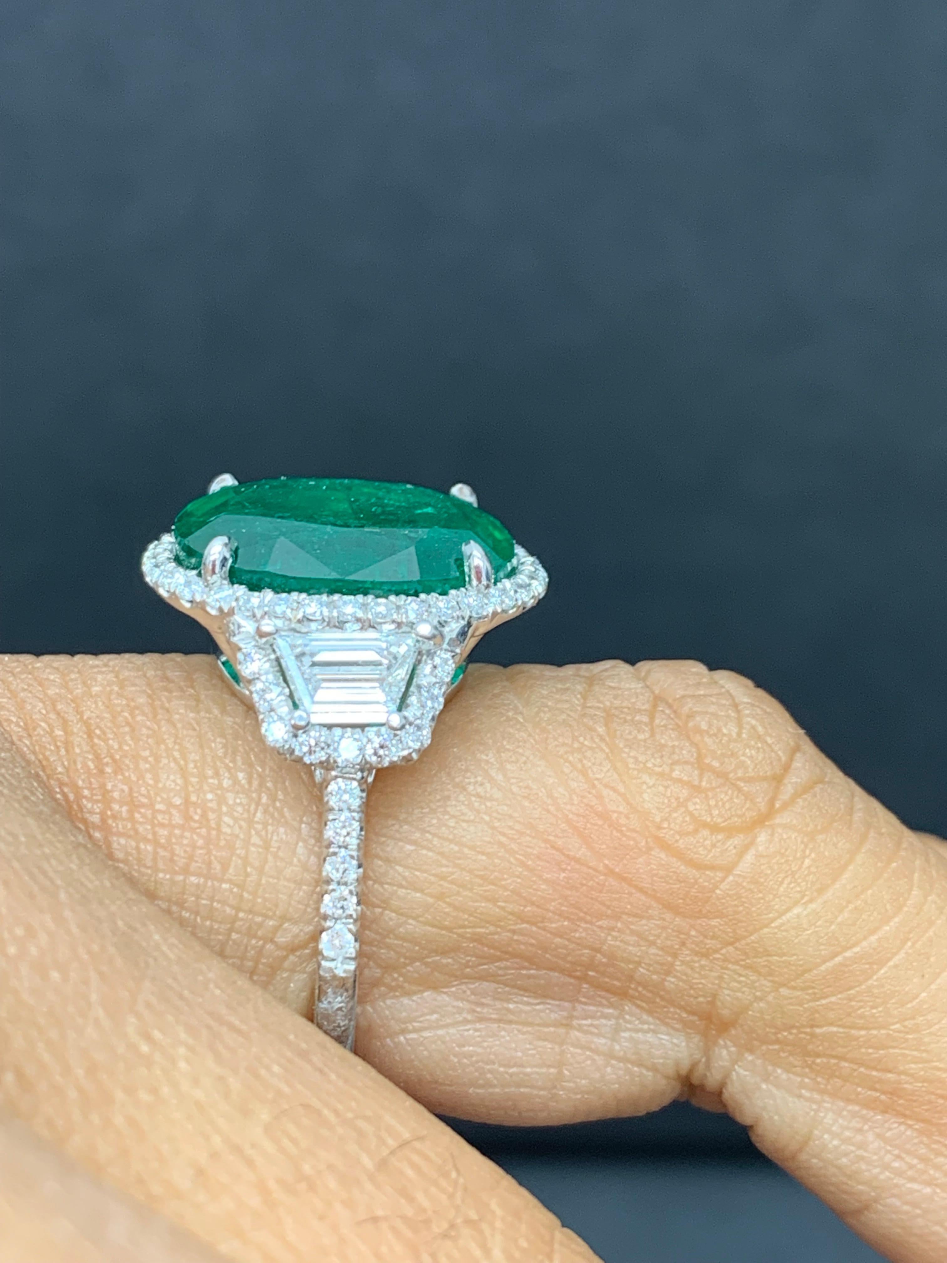 6.55 Carat Cushion Cut Emerald and Diamond Engagement Ring in Platinum For Sale 9
