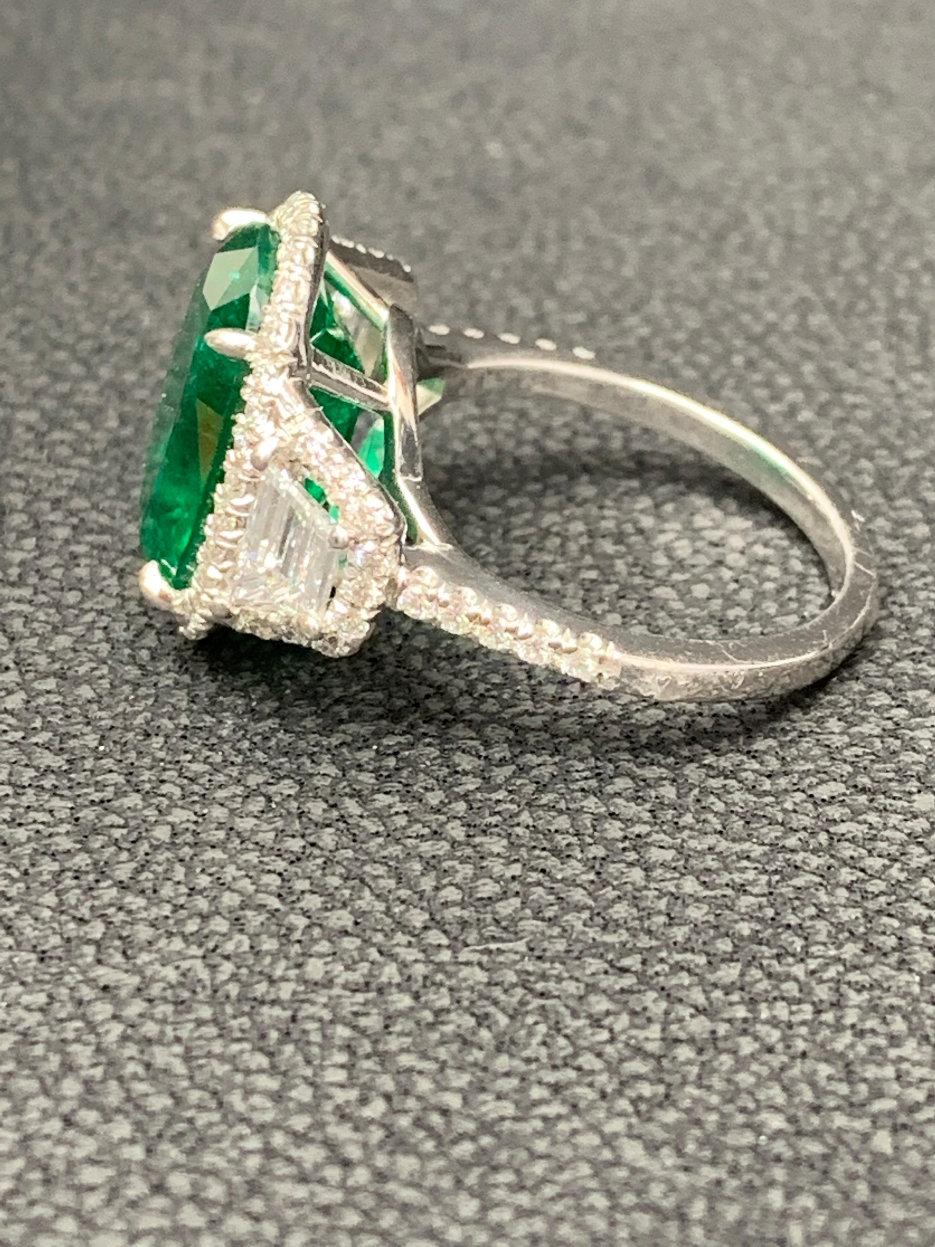 6.55 Carat Cushion Cut Emerald and Diamond Engagement Ring in Platinum For Sale 1