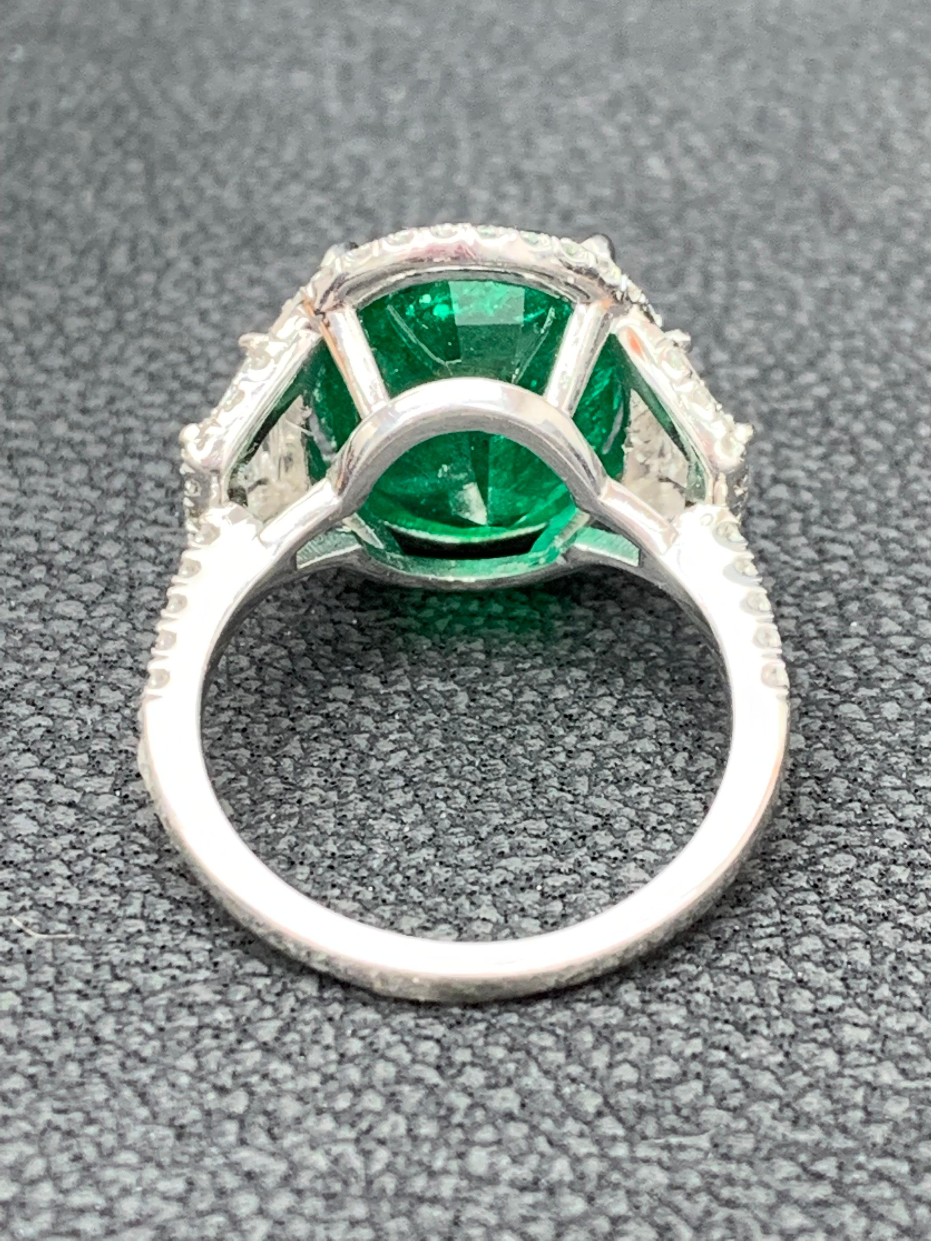 6.55 Carat Cushion Cut Emerald and Diamond Engagement Ring in Platinum For Sale 2