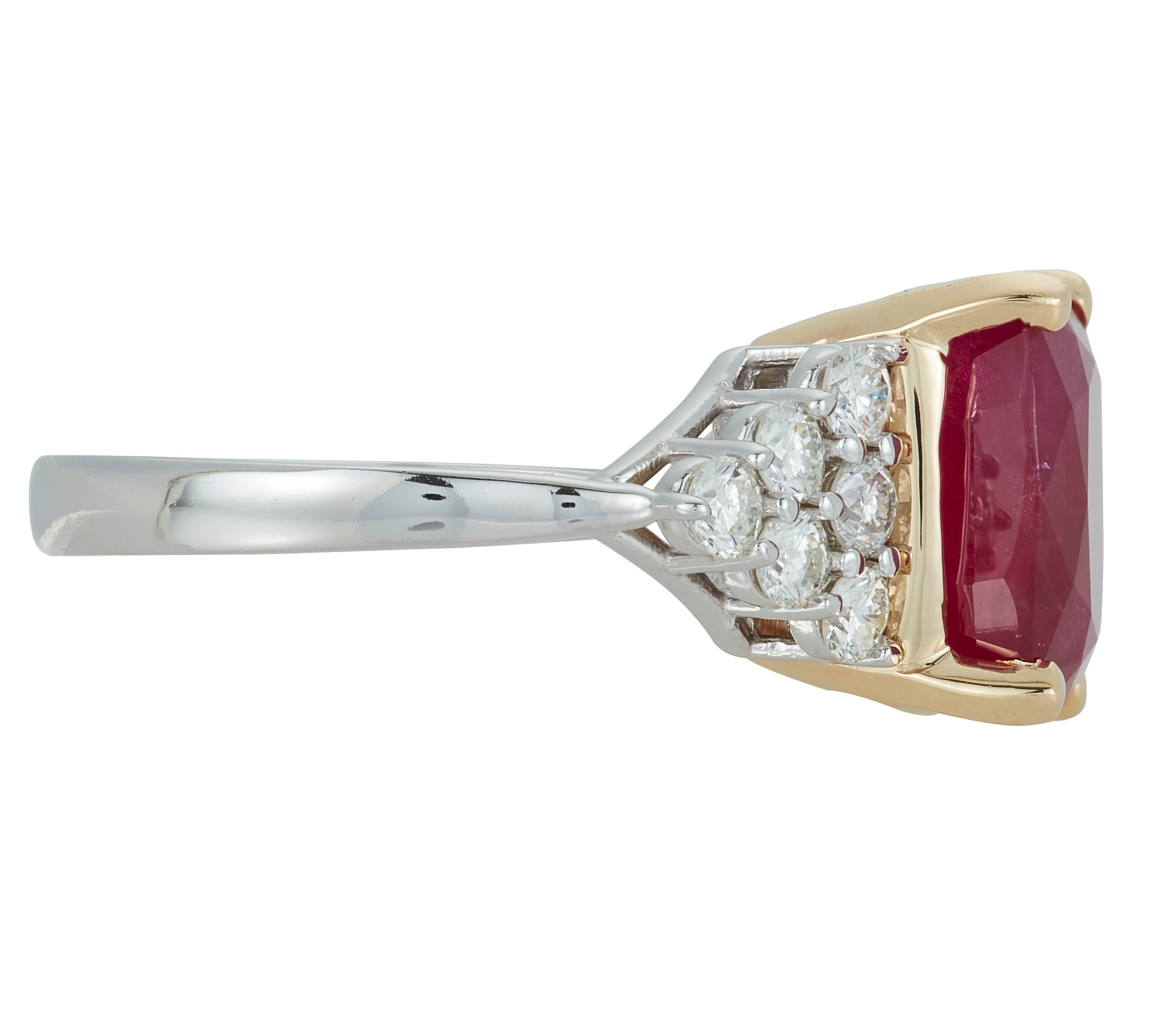 14K Two Tone
1  Cushion Cut Ruby at 6.55 Carats
32 Brilliant Round White Diamonds at 0.72 Carats - Color: H-I /Clarity: SI

Alberto offers complimentary sizing on all rings.

Fine one-of-a-kind craftsmanship meets incredible quality in this