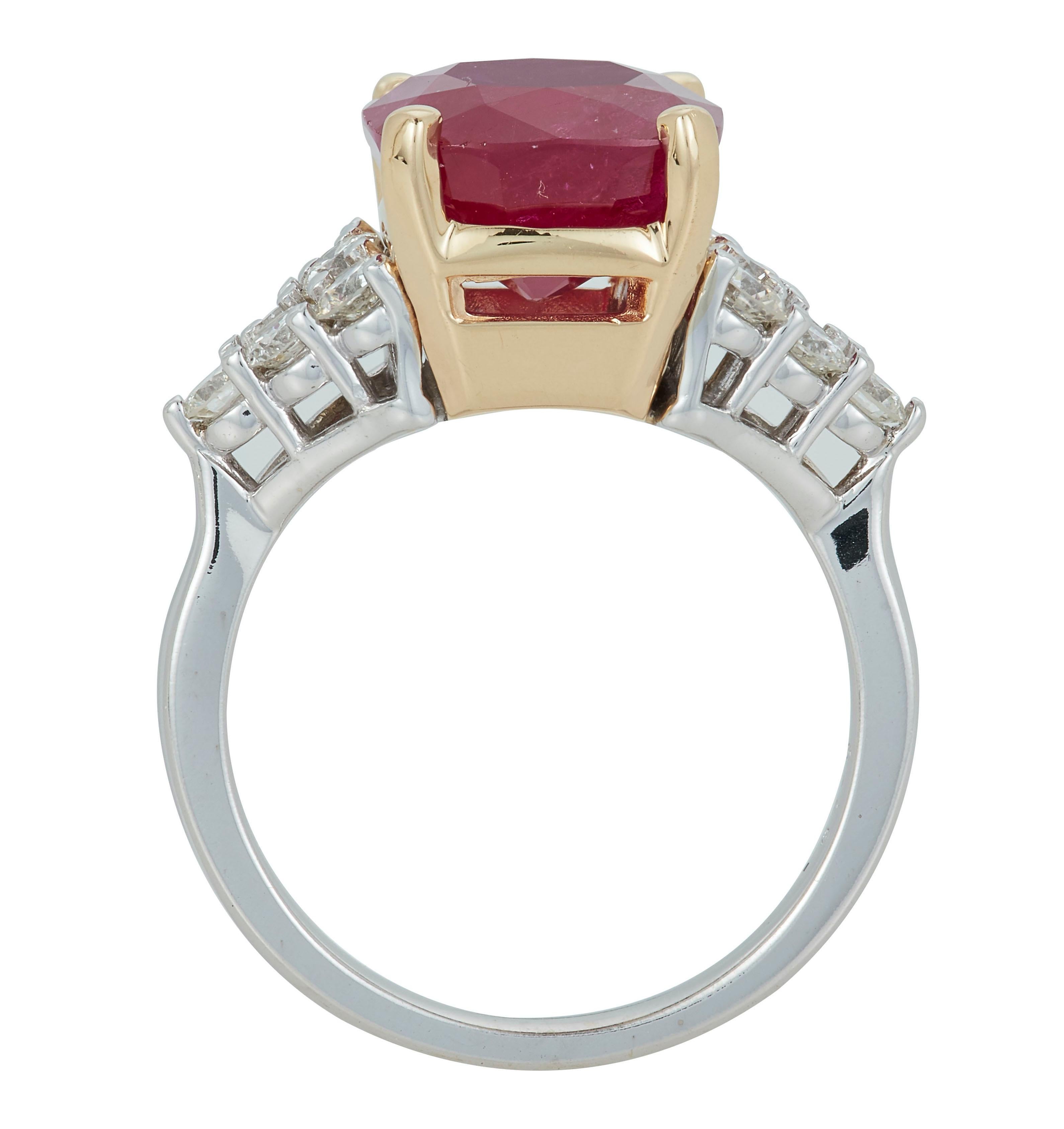 Contemporary 6.55 Carat Cushion Cut Ruby Diamond Cocktail Ring 14K White Yellow Two-Tone Gold For Sale