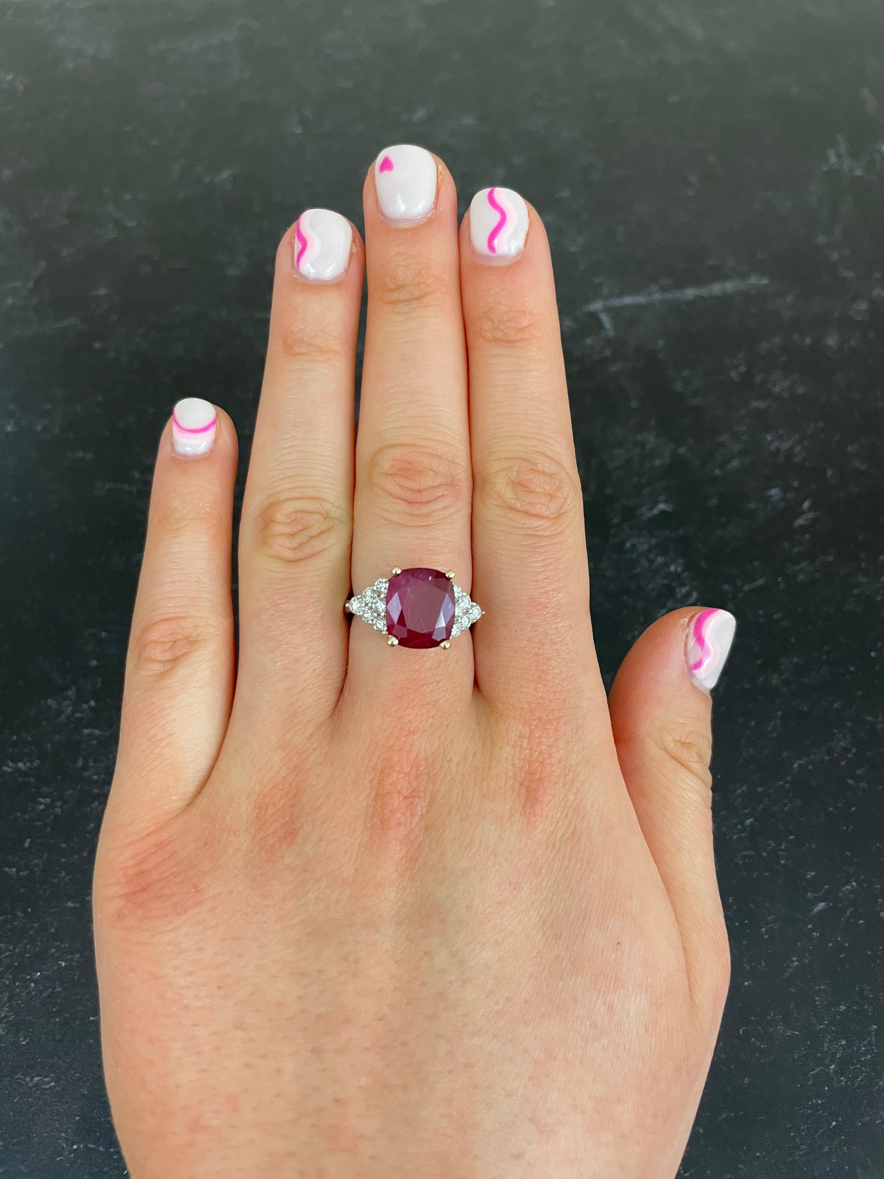 6.55 Carat Cushion Cut Ruby Diamond Cocktail Ring 14K White Yellow Two-Tone Gold In New Condition For Sale In GREAT NECK, NY