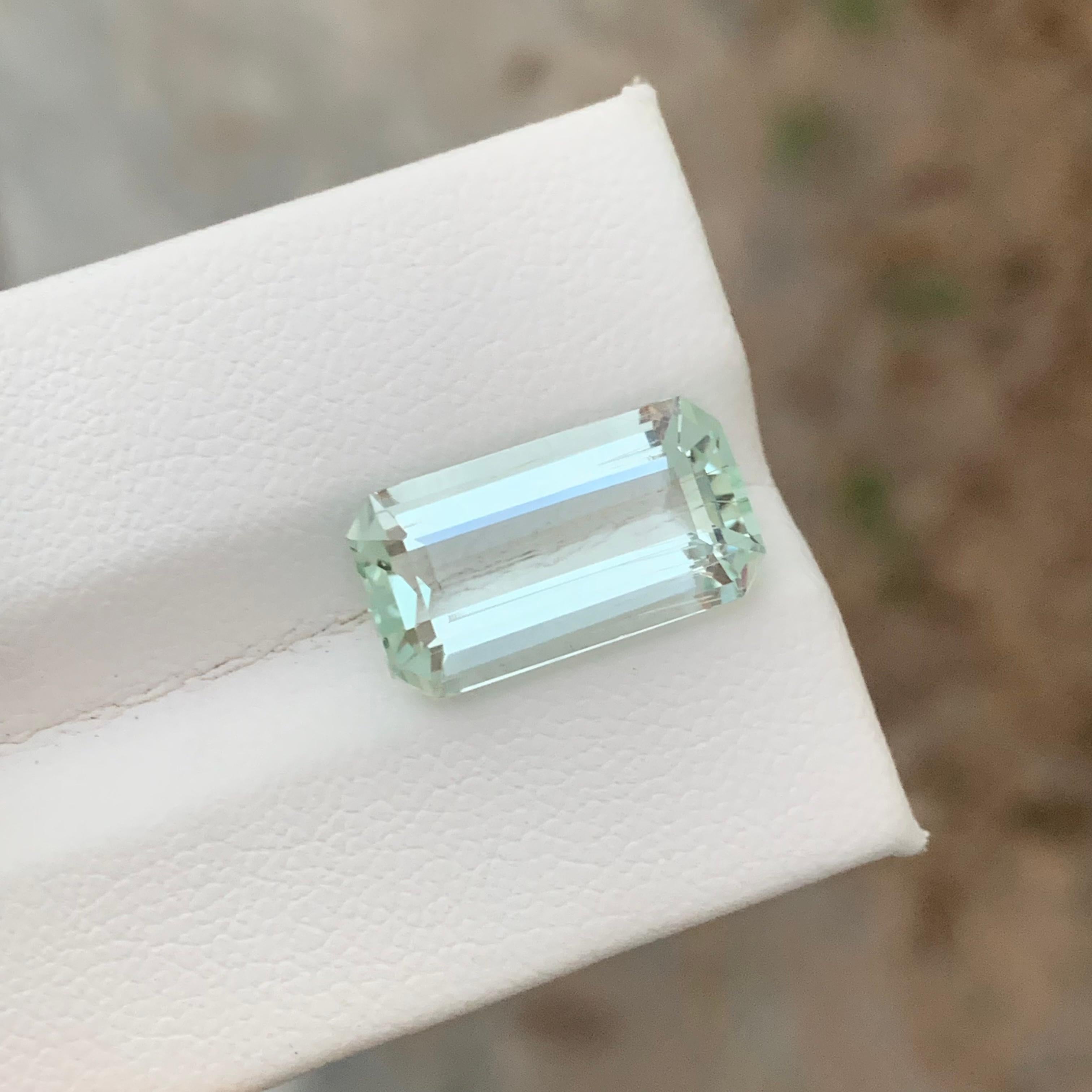 Loose Aquamarine 
Weight: 6.55 Carats 
Dimension: 16.3x8.8x6 Mm
Origin: Africa 
Color: Light Green
Shape: Emerald 
Treatment: Natural 
Certificate: On Customer Demand 
Green aquamarine, a captivating and lesser-known variety of the popular