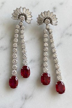 6.55 Carat Ruby Diamond Dangle Earrings, 18K White Gold