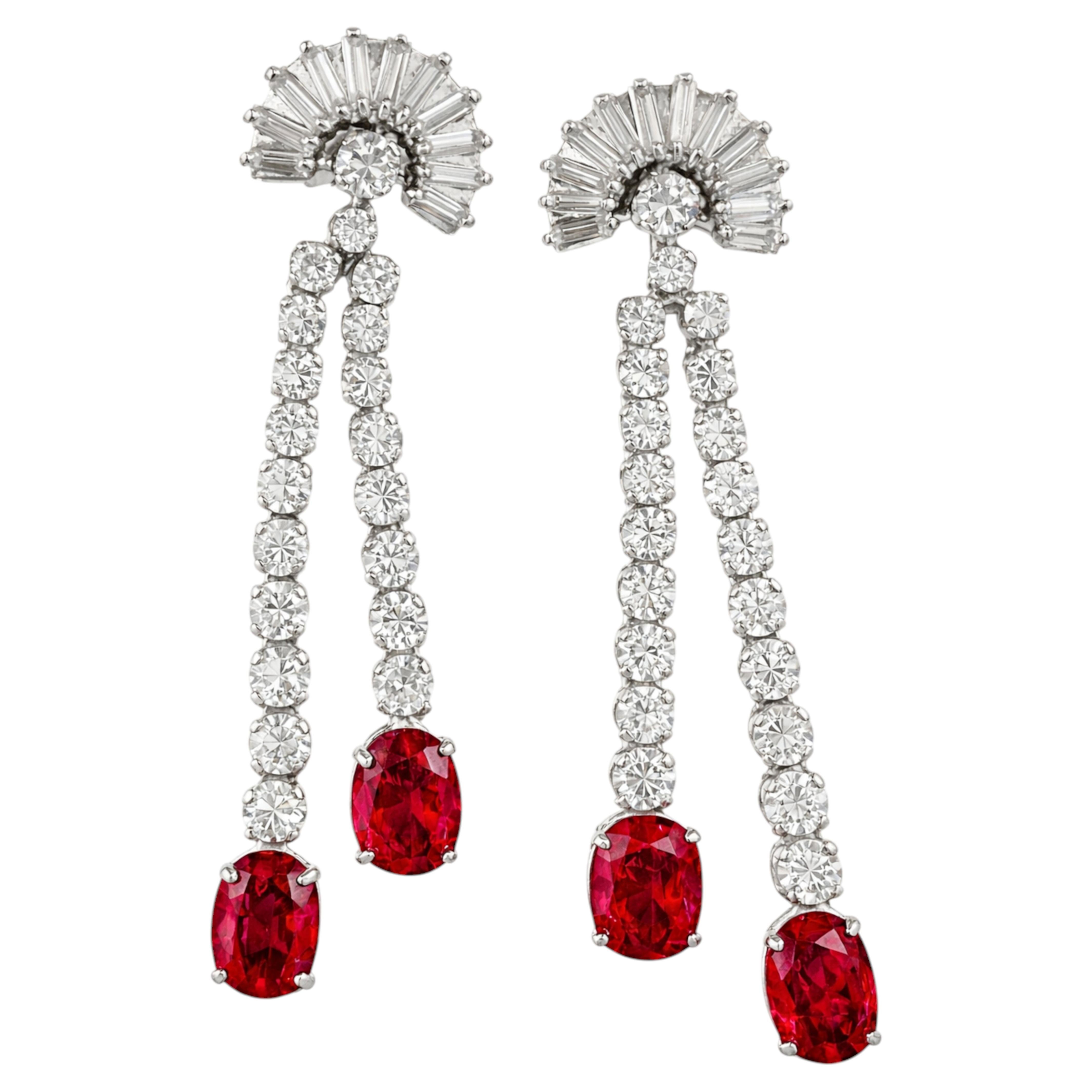 6.55 Carat Ruby Diamond Dangle Earrings, 18K White Gold