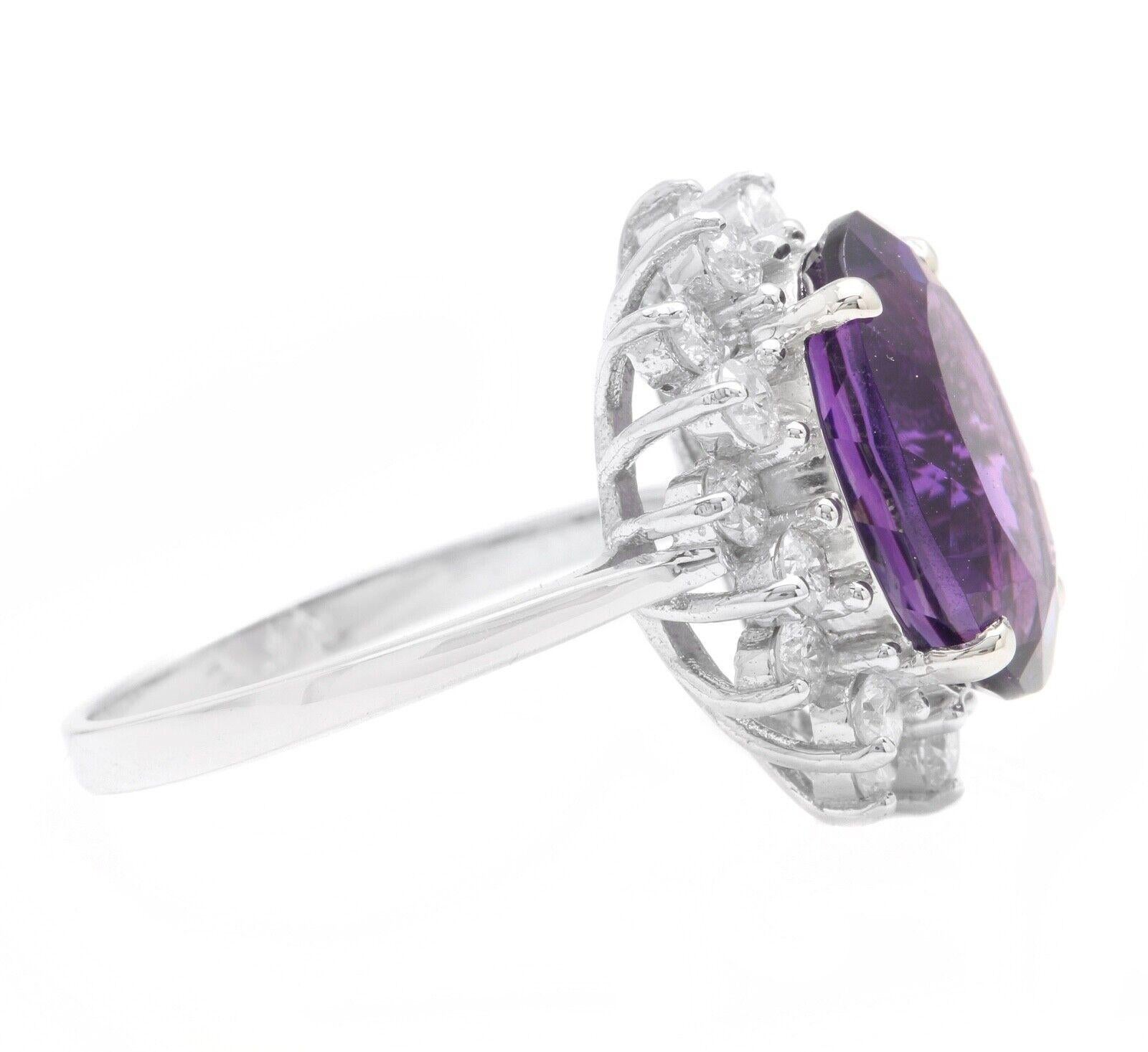 Mixed Cut 6.55 Carats Natural Amethyst and Diamond 14K Solid White Gold Ring For Sale