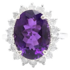 6.55 Carats Natural Amethyst and Diamond 14K Solid White Gold Ring