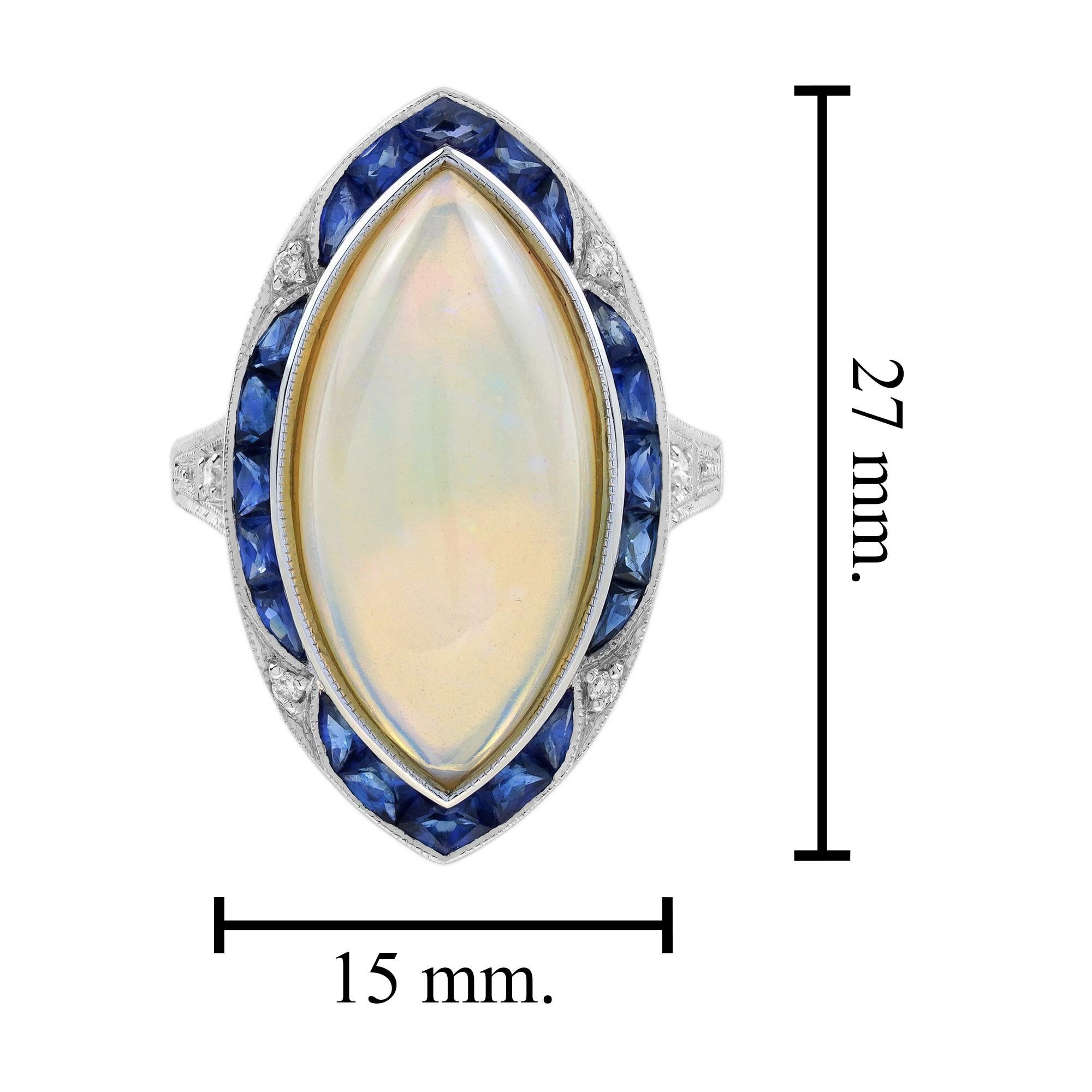 6.55 Ct. Opal Blue Sapphire Diamond Art Deco Style Cocktail Ring in 18K Gold 4